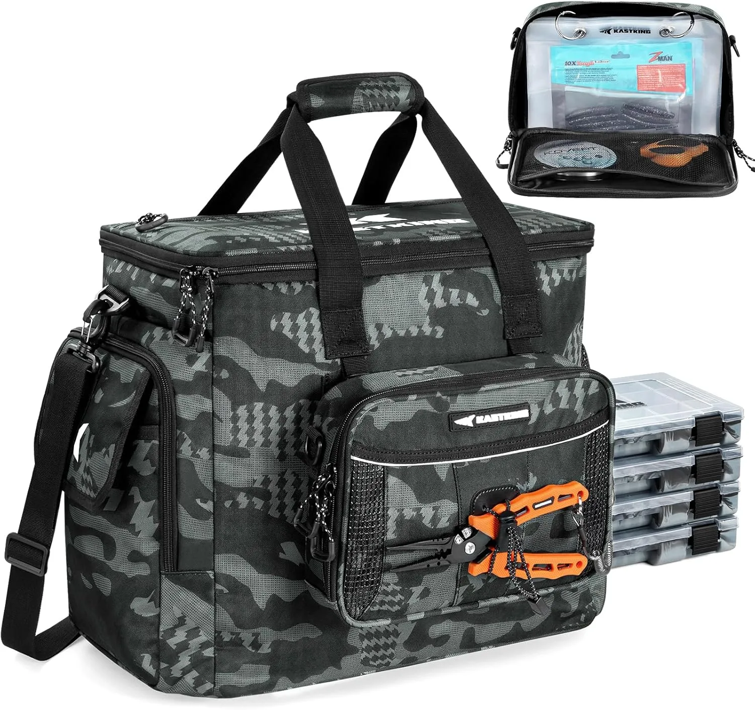 KastKing BaitSpace Fishing Tackle Bag With 4 Tackle Boxes & Removable Bait Binder, Water-Resistant Tackle Storage, Durable Fishing Gear, Adjustable Shoulder Strap