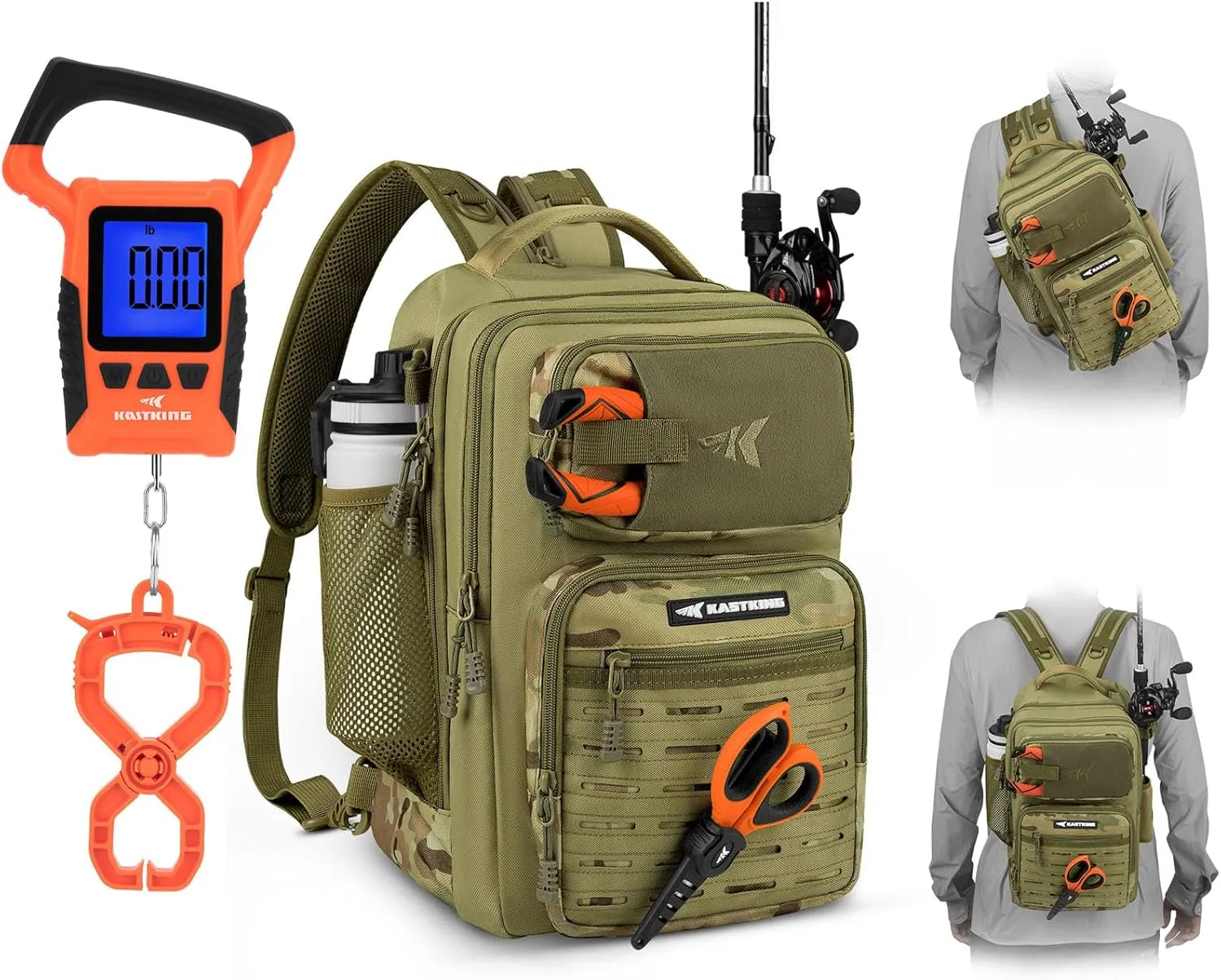 KastKing BlowBak Tactical Fishing Sling Tackle Storage Bag-Khaki Camo,Large & WideView Floating Waterproof Fishing Digital Scale