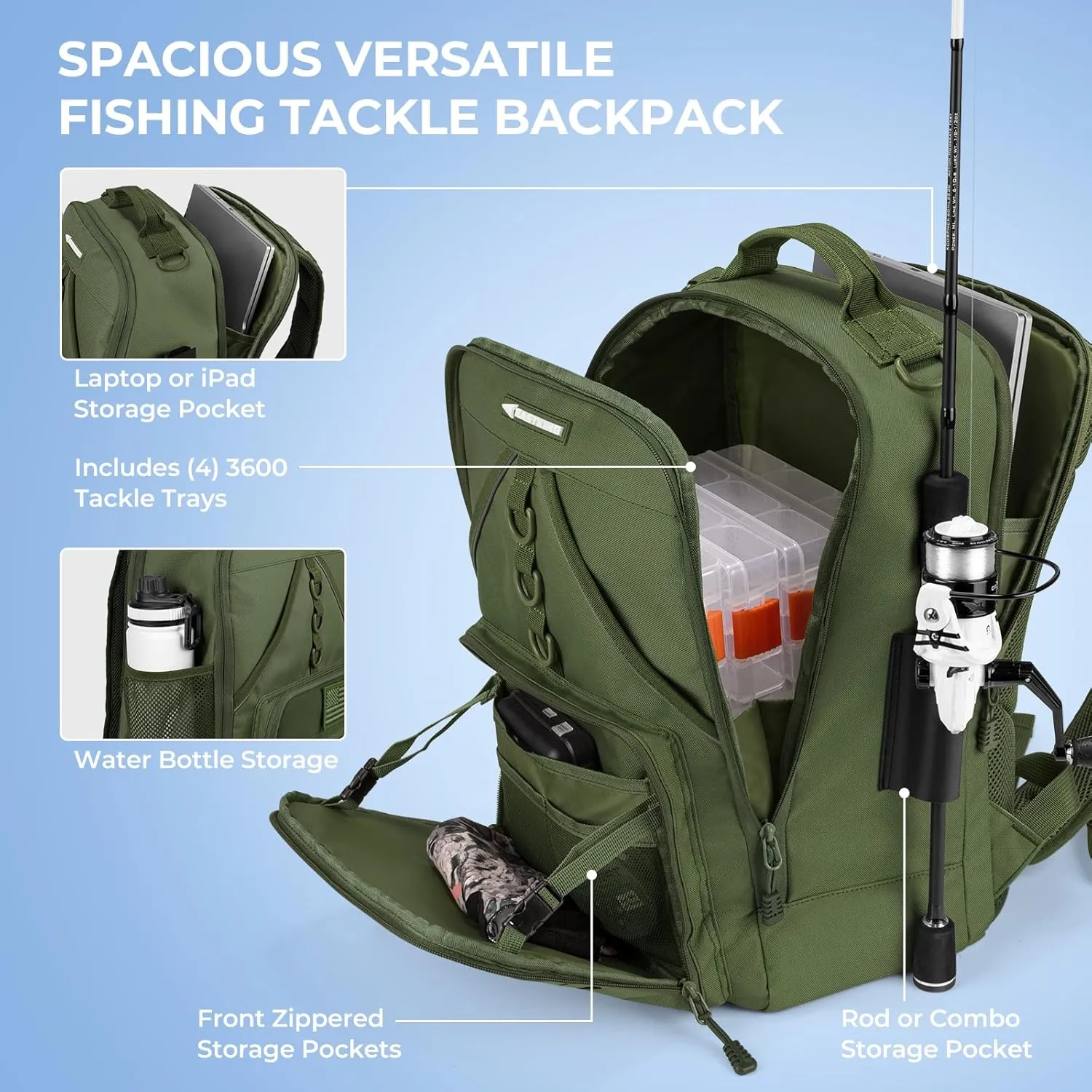KastKing Karryall Medium Fishing Tackle Daily Backpack, Large Storage Water-resistant Fishing Bag Store Gear and Equipment