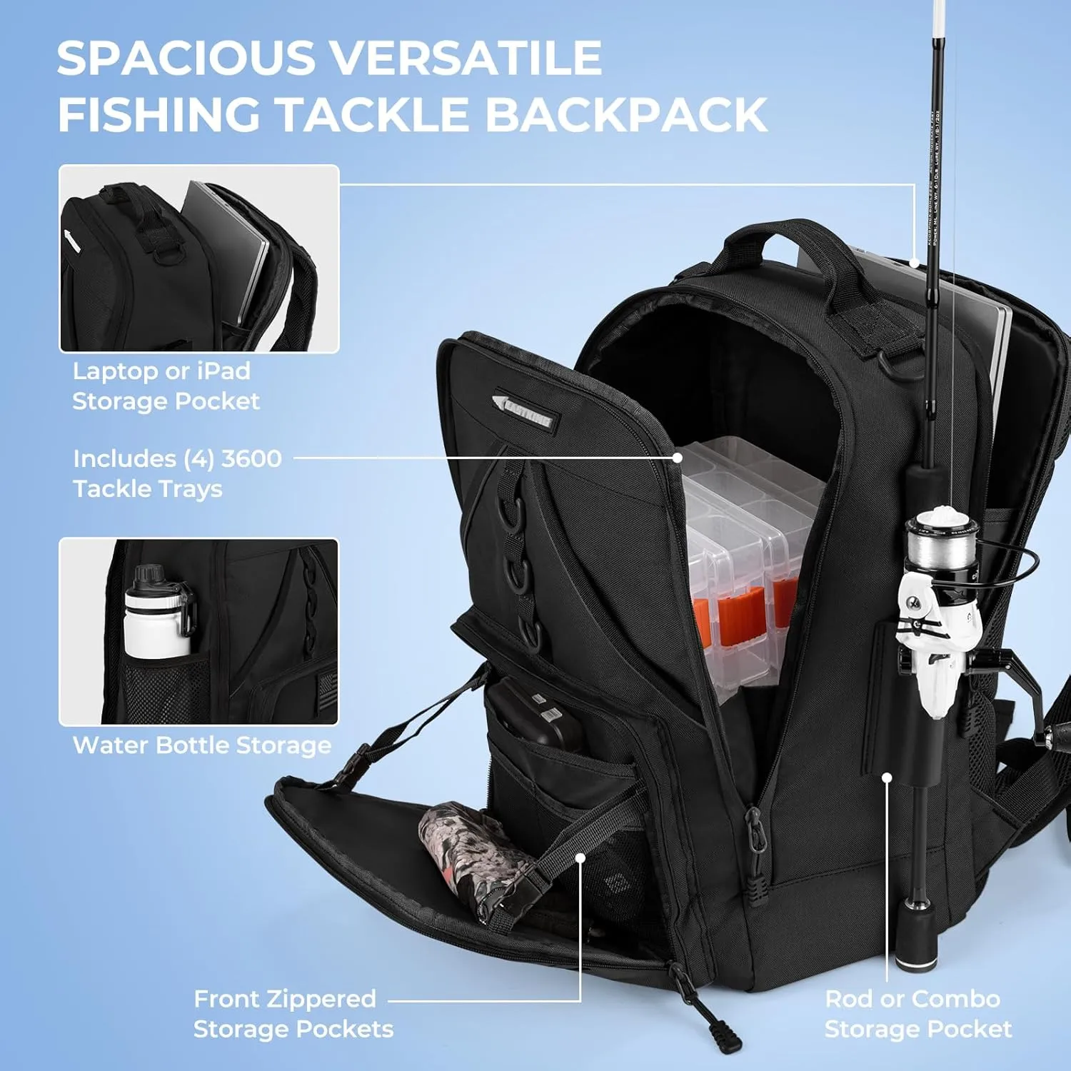 KastKing Karryall Medium Fishing Tackle Daily Backpack, Large Storage Water-resistant Fishing Bag Store Gear and Equipment