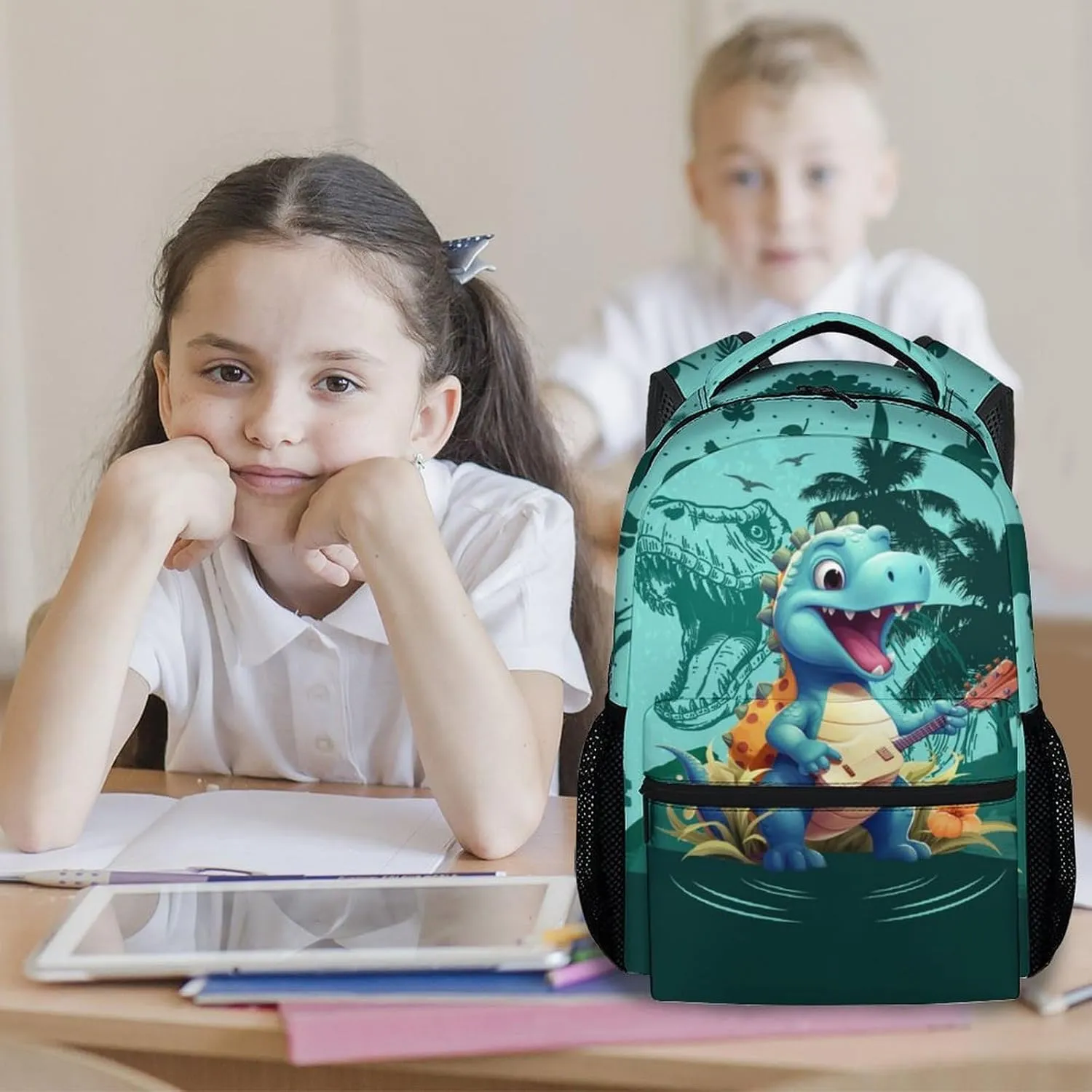 Kids Backpack School Bookbags, Dinosaur Backpack for Girls Boys, 17 Inch School Backpacks for Primary Elementary, Cute Bookbag with Adjustable Straps, Green