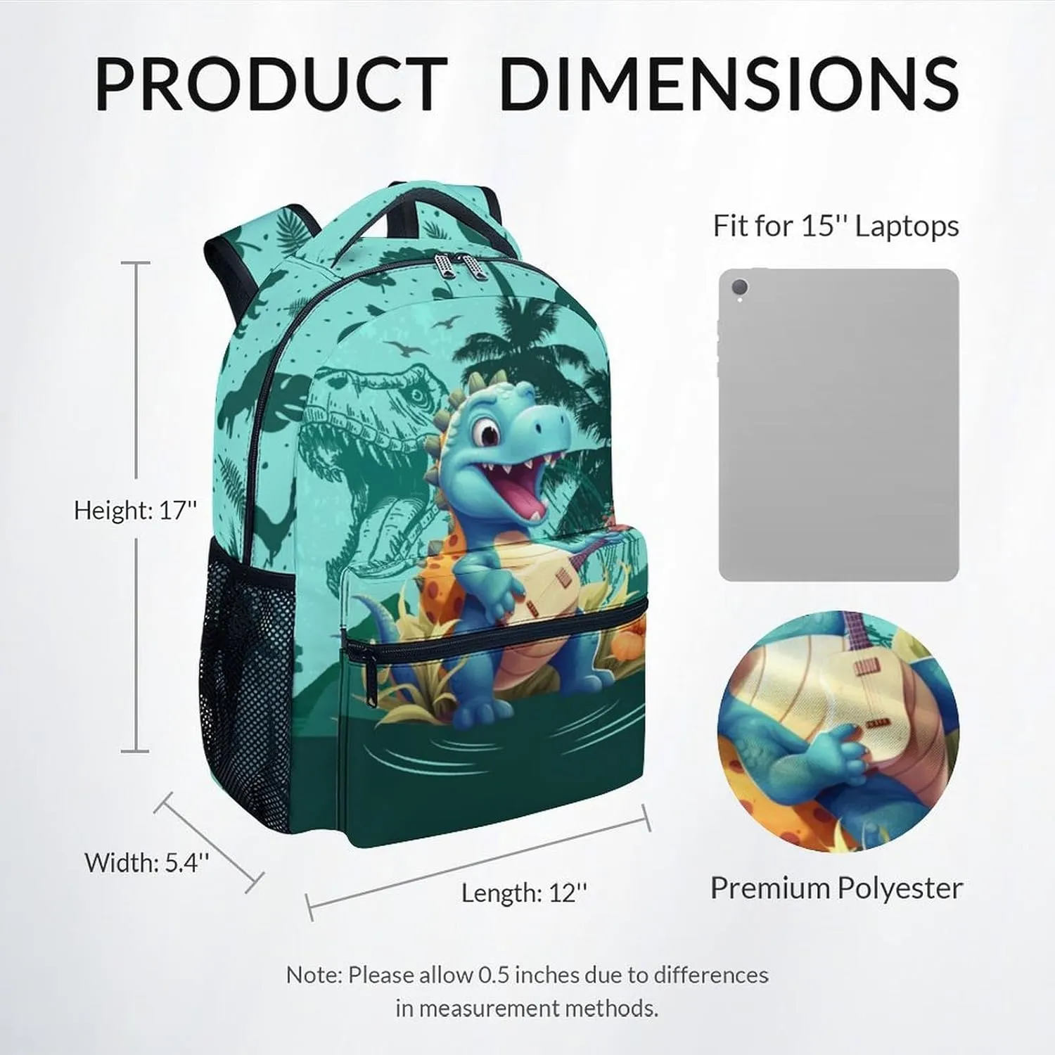 Kids Backpack School Bookbags, Dinosaur Backpack for Girls Boys, 17 Inch School Backpacks for Primary Elementary, Cute Bookbag with Adjustable Straps, Green