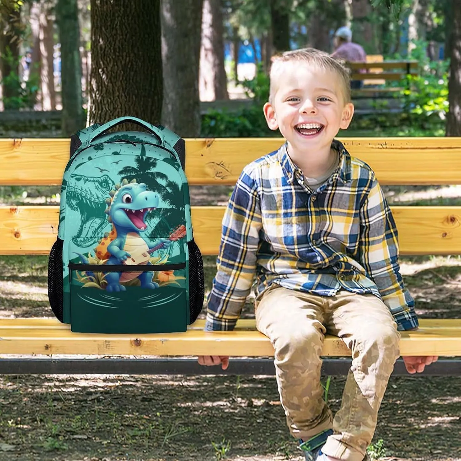 Kids Backpack School Bookbags, Dinosaur Backpack for Girls Boys, 17 Inch School Backpacks for Primary Elementary, Cute Bookbag with Adjustable Straps, Green