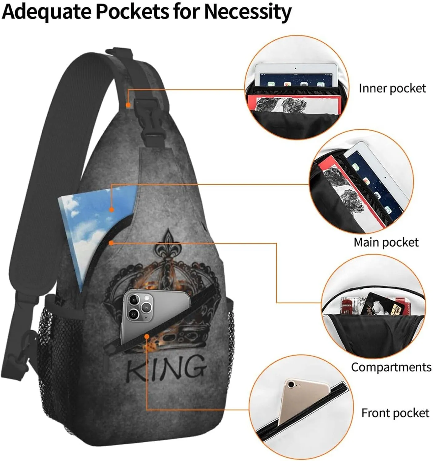 King Shoulder Bag Cool Sling Backpack Daypack Casual Bag Mens Backpack Bag for Outdoor
