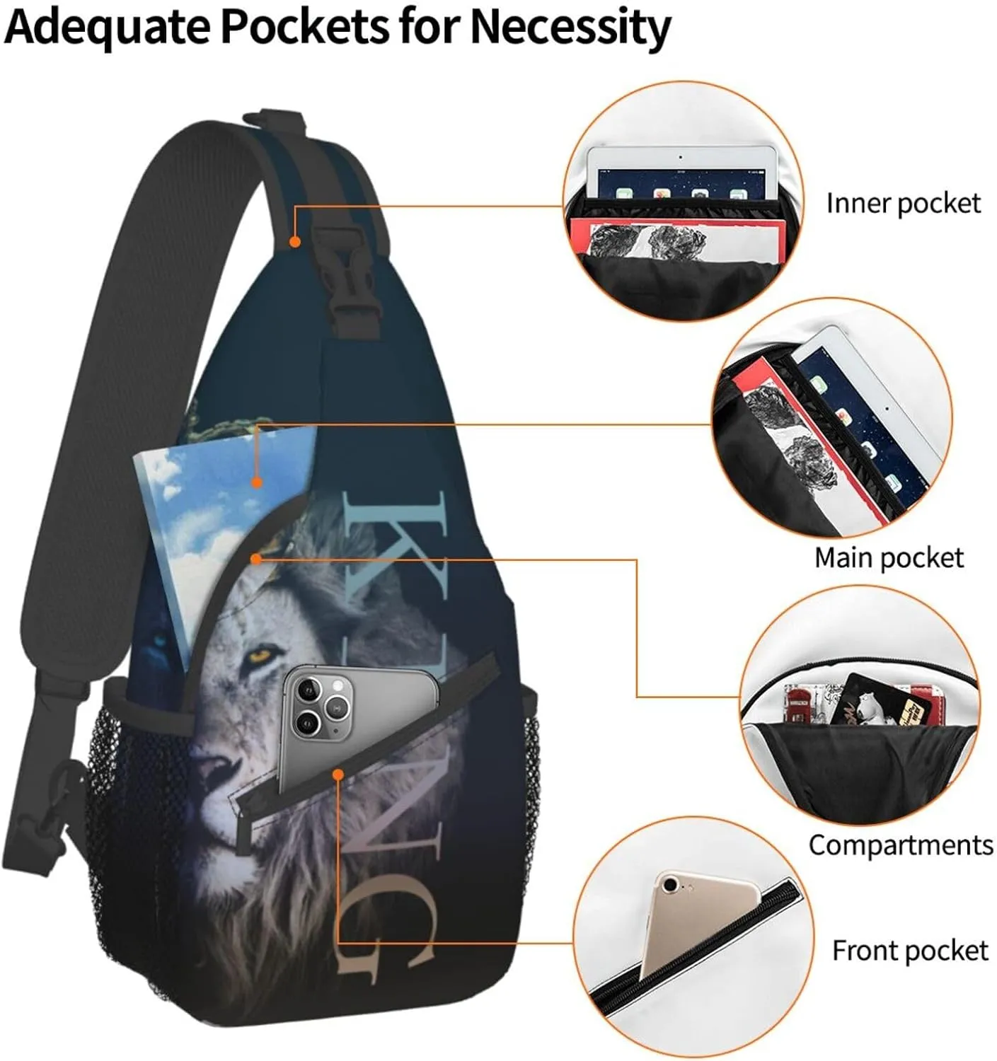 King Shoulder Bag Lion Sling Backpack Daypack Casual Backpack Hiking Bag Men Backpack Bag