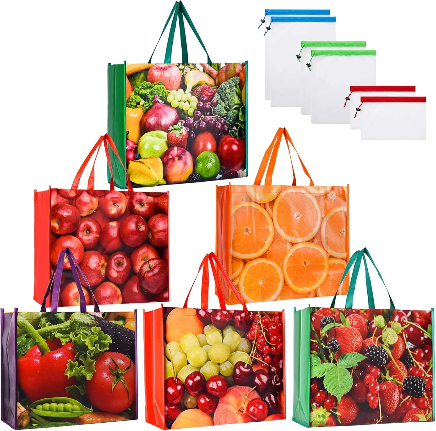 Kitchen Reusable Grocery Bags Set of 6 Heavy Duty Foldable Shopping Tote with 6 Pcs Mesh Produce Bags for Groceries Food Strong Durable Extra Large Bulk Fruit Vegetable Bag with Handles Easy to Clean