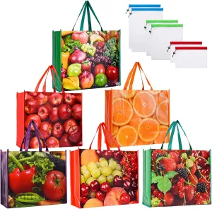 Kitchen Reusable Grocery Bags Set of 6 Heavy Duty Foldable Shopping Tote with 6 Pcs Mesh Produce Bags for Groceries Food Strong Durable Extra Large Bulk Fruit Vegetable Bag with Handles Easy to Clean
