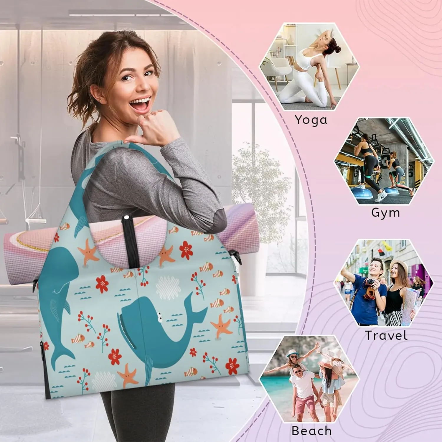 KOBLEN Yoga Gym Bags for Women Duffel Bag with Shoe Compartment and Yoga Mat Portable Weekender Bags for Pilates Travel Offices Workout Beach