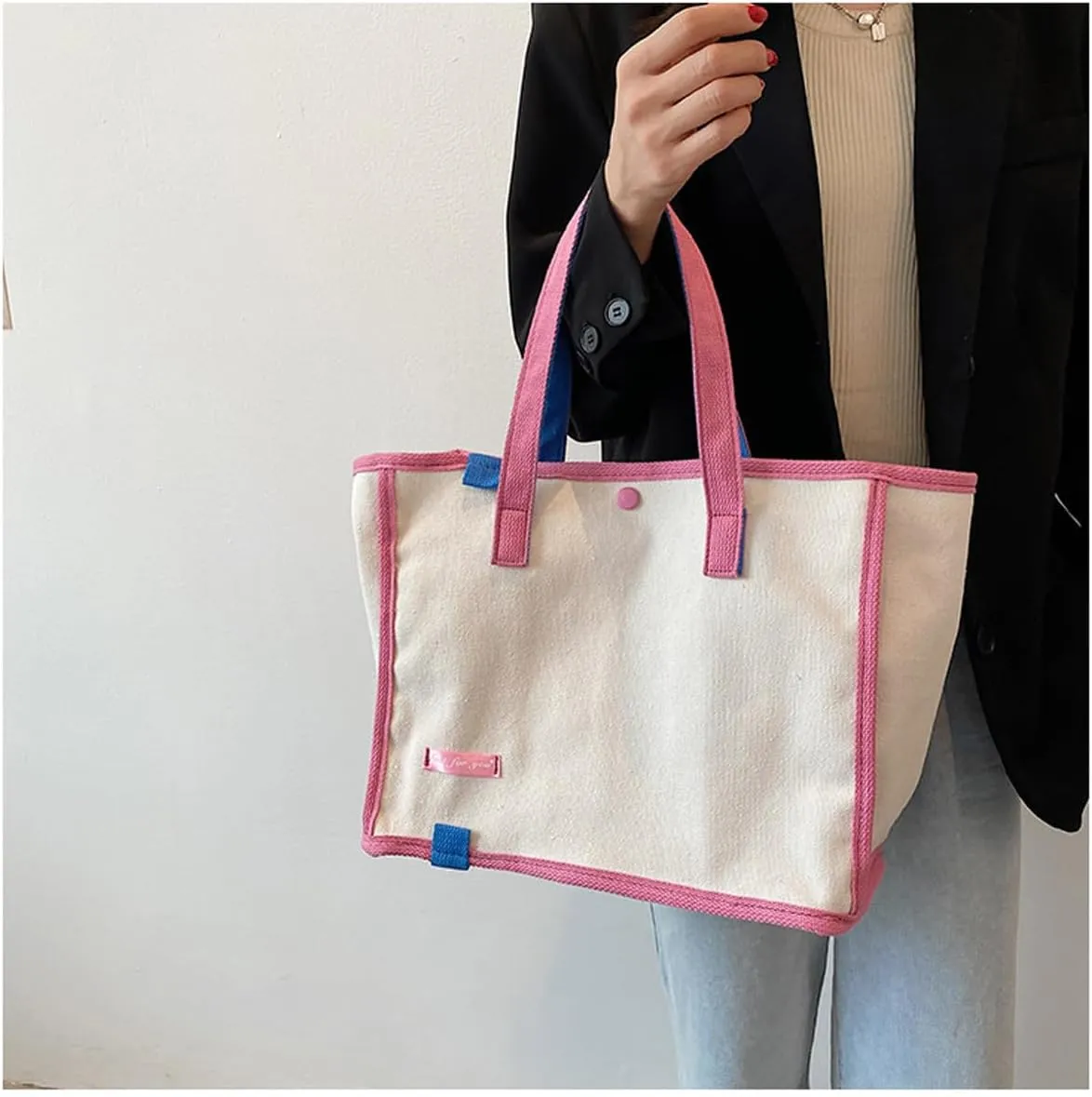 Korean version women's canvas handbag, women's casual and artistic contrasting canvas shopping bag, shoulder bag