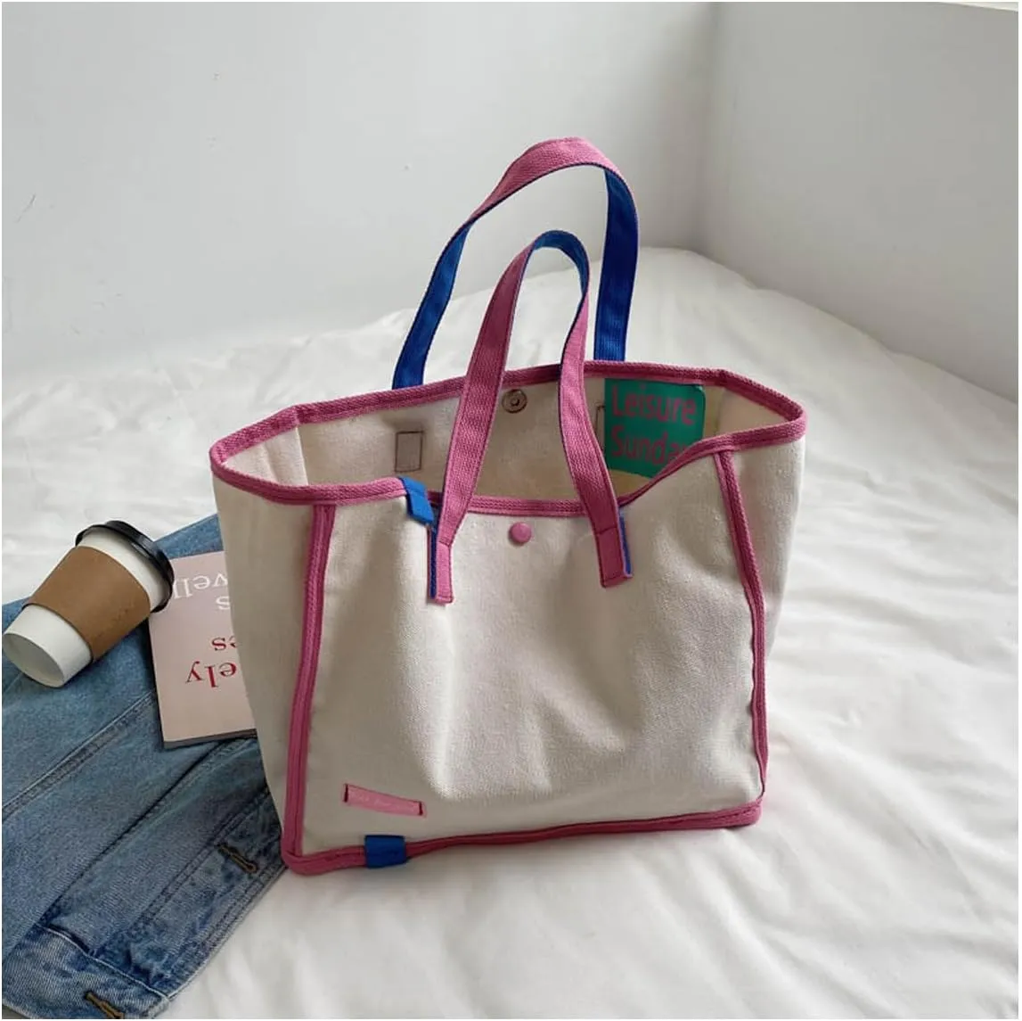 Korean version women's canvas handbag, women's casual and artistic contrasting canvas shopping bag, shoulder bag