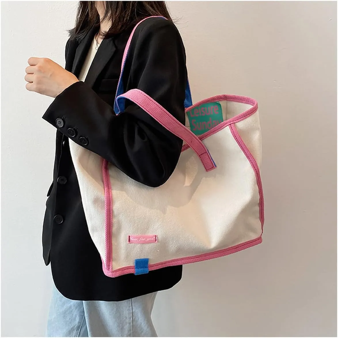 Korean version women's canvas handbag, women's casual and artistic contrasting canvas shopping bag, shoulder bag