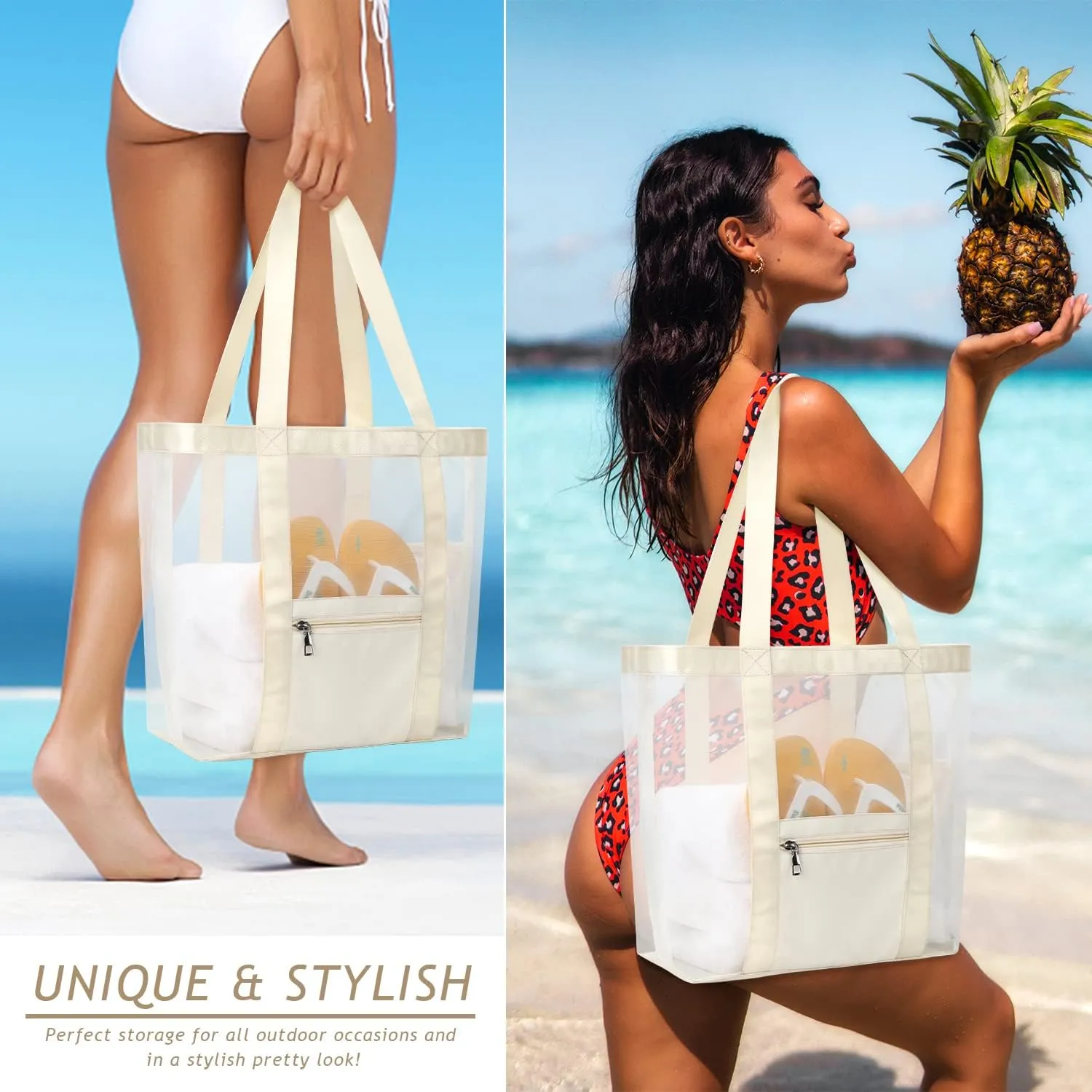 KPX Mesh Beach Bag, Large Beach Tote Bags for Women Foldable Mesh Swimming Pool Bag with Mini Pockets - Sandproof, Waterproof