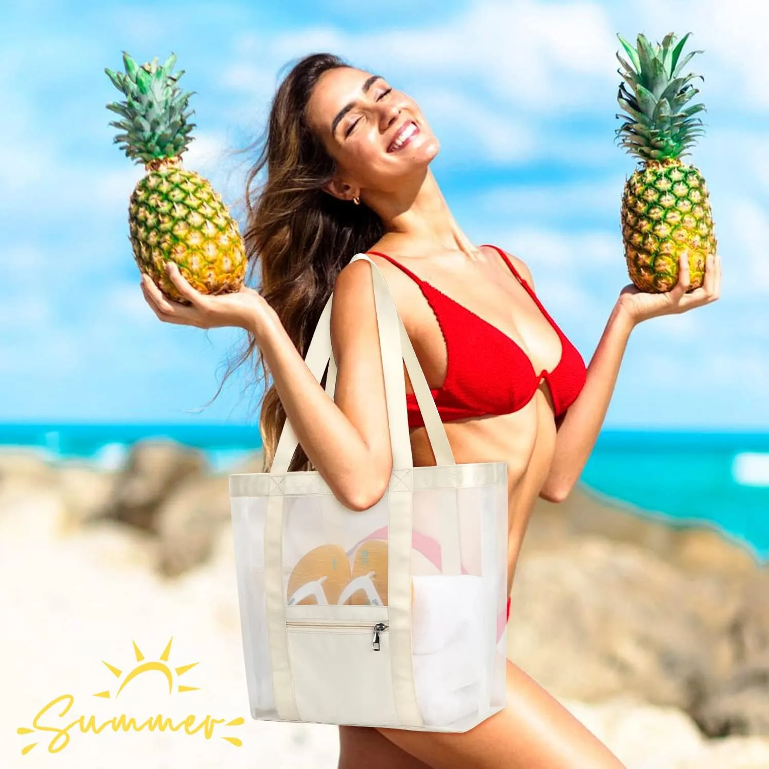 KPX Mesh Beach Bag, Large Beach Tote Bags for Women Foldable Mesh Swimming Pool Bag with Mini Pockets - Sandproof, Waterproof