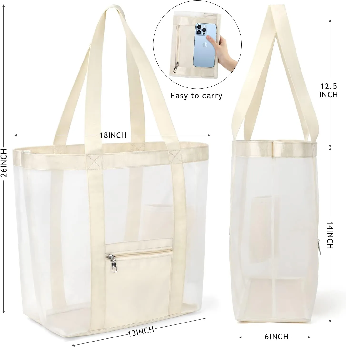 KPX Mesh Beach Bag, Large Beach Tote Bags for Women Foldable Mesh Swimming Pool Bag with Mini Pockets - Sandproof, Waterproof