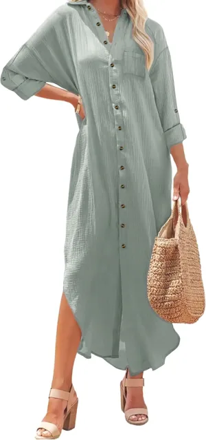 Kuraki Women's Casual Print Button Front Maxi Shirt Dress