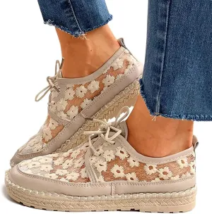 Ladies Shoes Mesh Lace Small Floral Flowers Lace-Up Casual Shoes Ladies Single Shoes Low Top Canvas Shoes