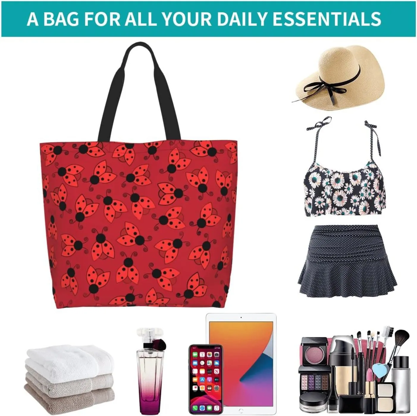 Ladybug Canvas Tote Bag Chicago Shoulder Bag Handbag Ladybird Casual Cute Grocery Bags Women Bag for Outdoor