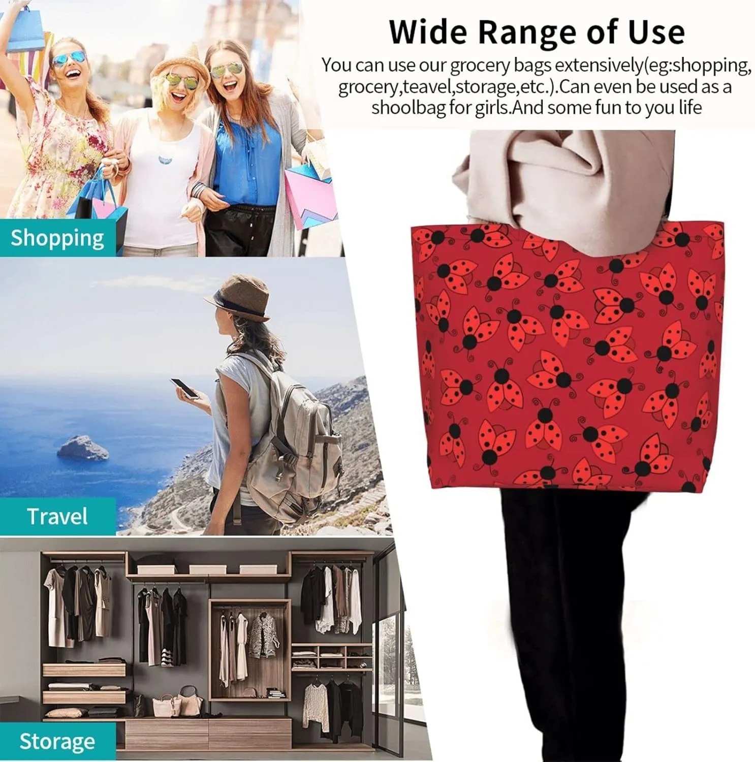 Ladybug Canvas Tote Bag Chicago Shoulder Bag Handbag Ladybird Casual Cute Grocery Bags Women Bag for Outdoor