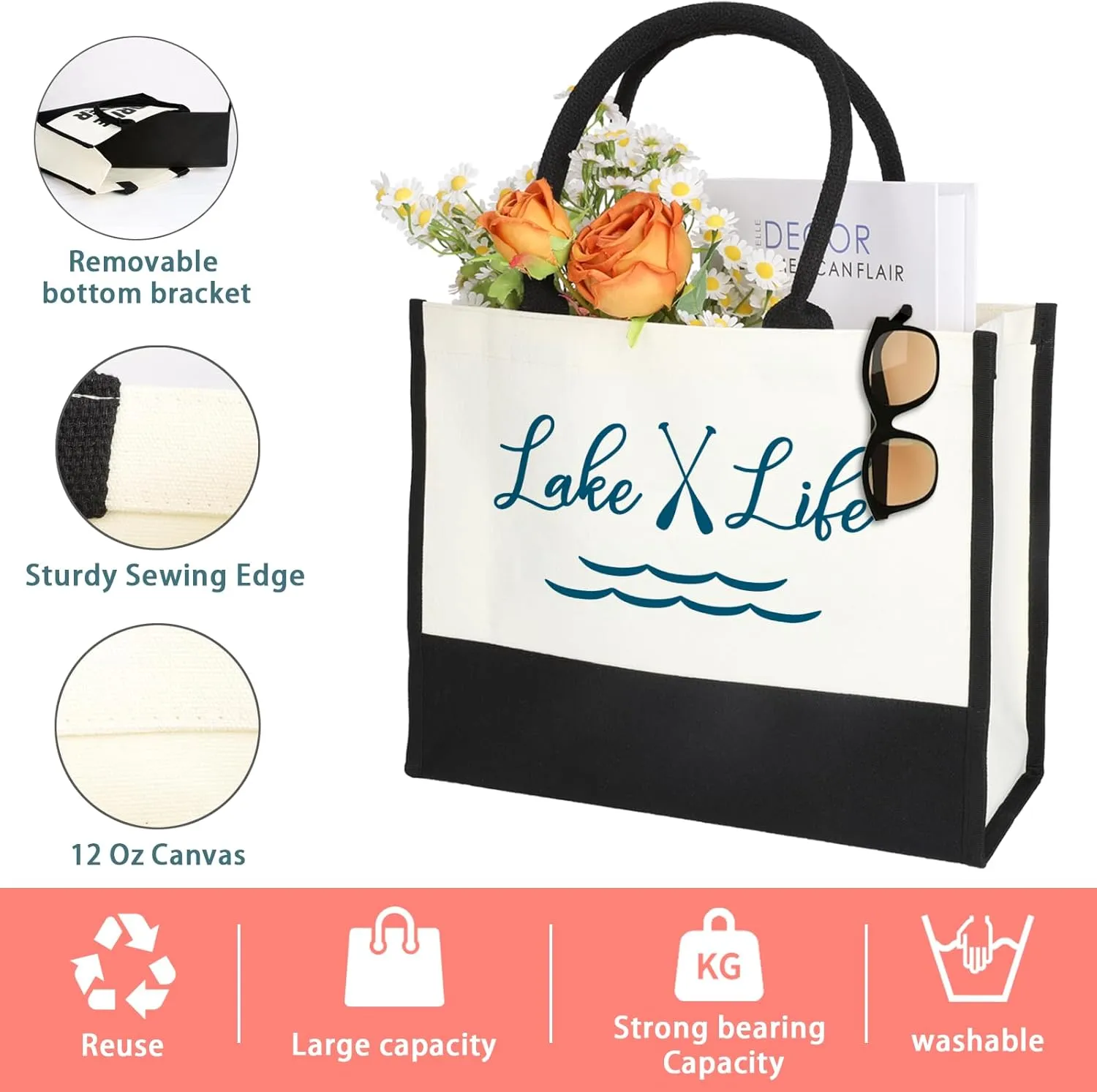 Lake Life Tote Bag for Women,Lake House Gifts,Lake Day Essentials, Going to A Lake House, Boating, and Cruises, Lake Lovers,Reusable Waterproof CanvasTote Bag