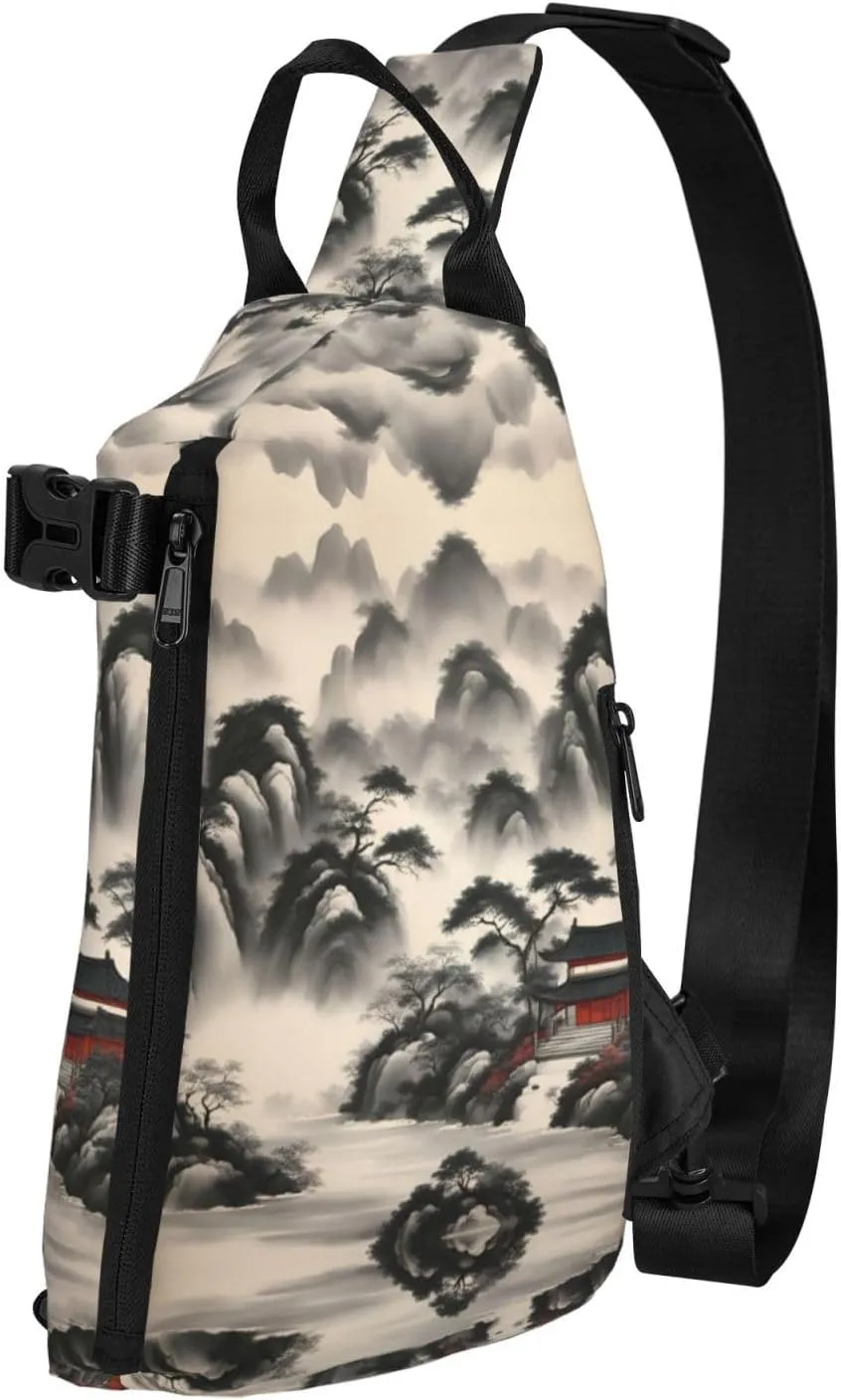 Landscape Painting Print Crossbody Backpack Casual Adjustable Bag Multifunctional Sling Backpack