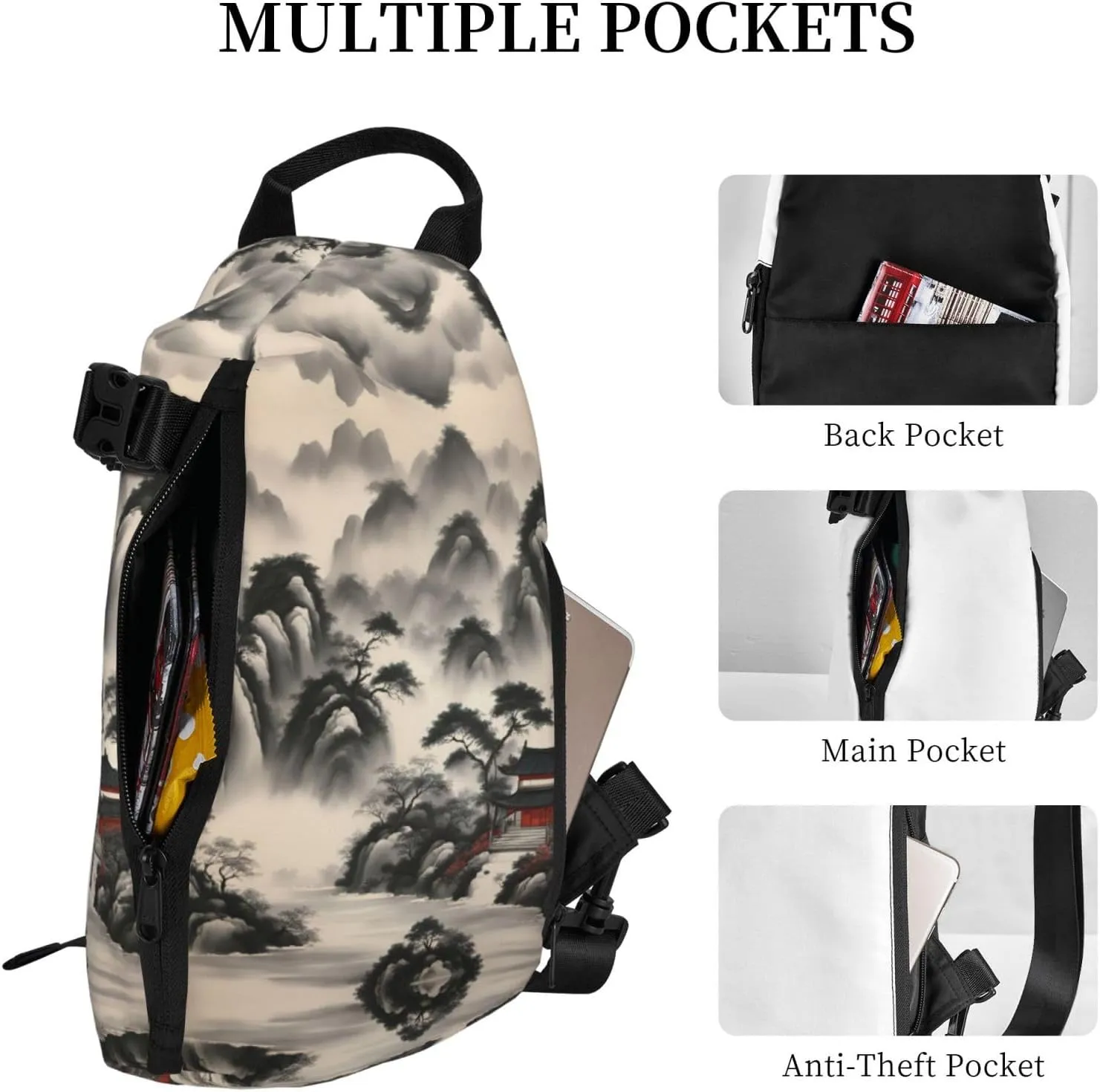 Landscape Painting Print Crossbody Backpack Casual Adjustable Bag Multifunctional Sling Backpack
