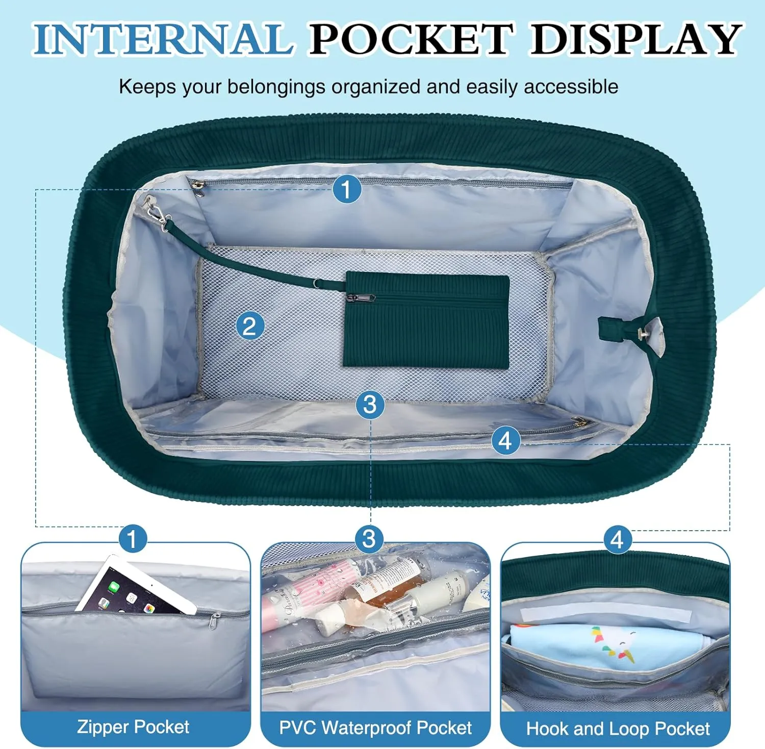 Large Beach Bag with Zipper, 12 Pockets Waterproof Sandproof Pool Bag Womens Mesh Beach Tote Bag for Travel Vacation