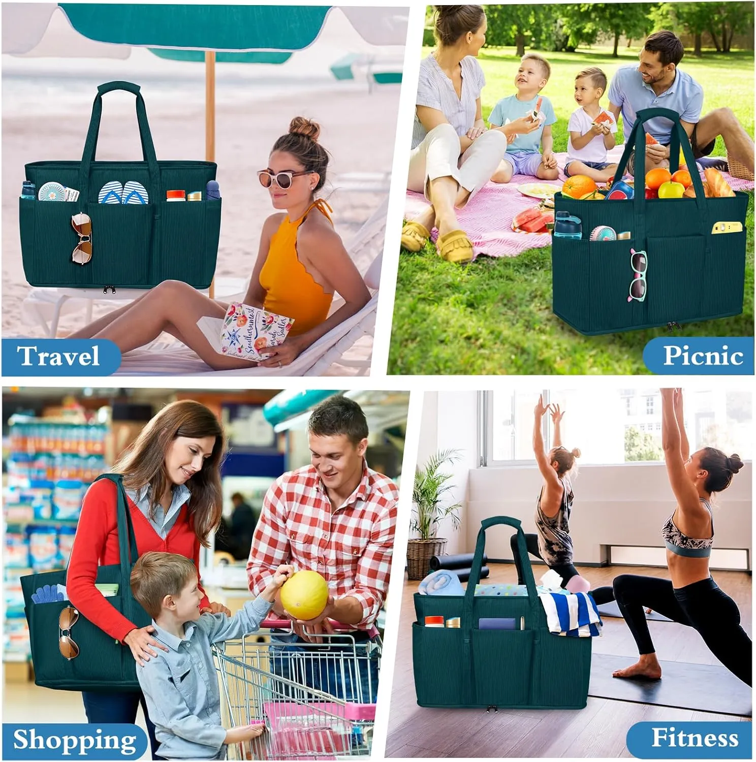 Large Beach Bag with Zipper, 12 Pockets Waterproof Sandproof Pool Bag Womens Mesh Beach Tote Bag for Travel Vacation