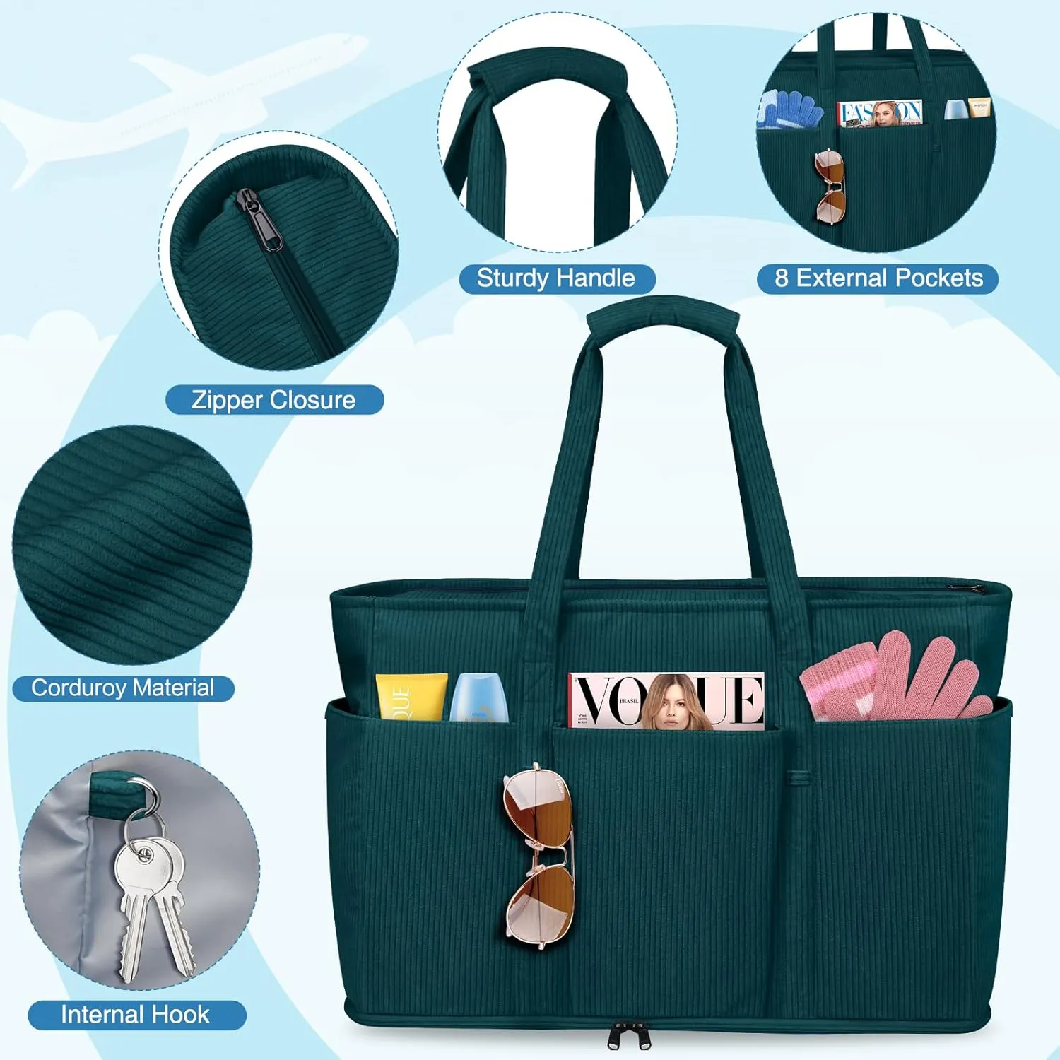 Large Beach Bag with Zipper, 12 Pockets Waterproof Sandproof Pool Bag Womens Mesh Beach Tote Bag for Travel Vacation
