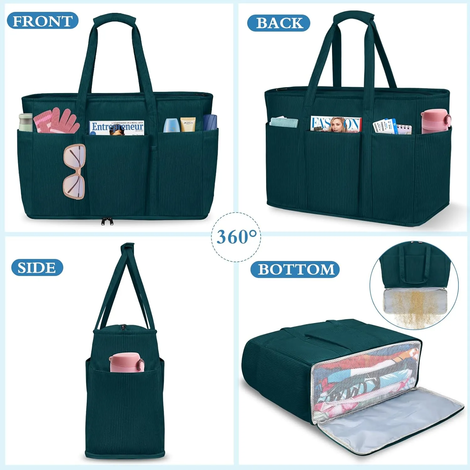 Large Beach Bag with Zipper, 12 Pockets Waterproof Sandproof Pool Bag Womens Mesh Beach Tote Bag for Travel Vacation