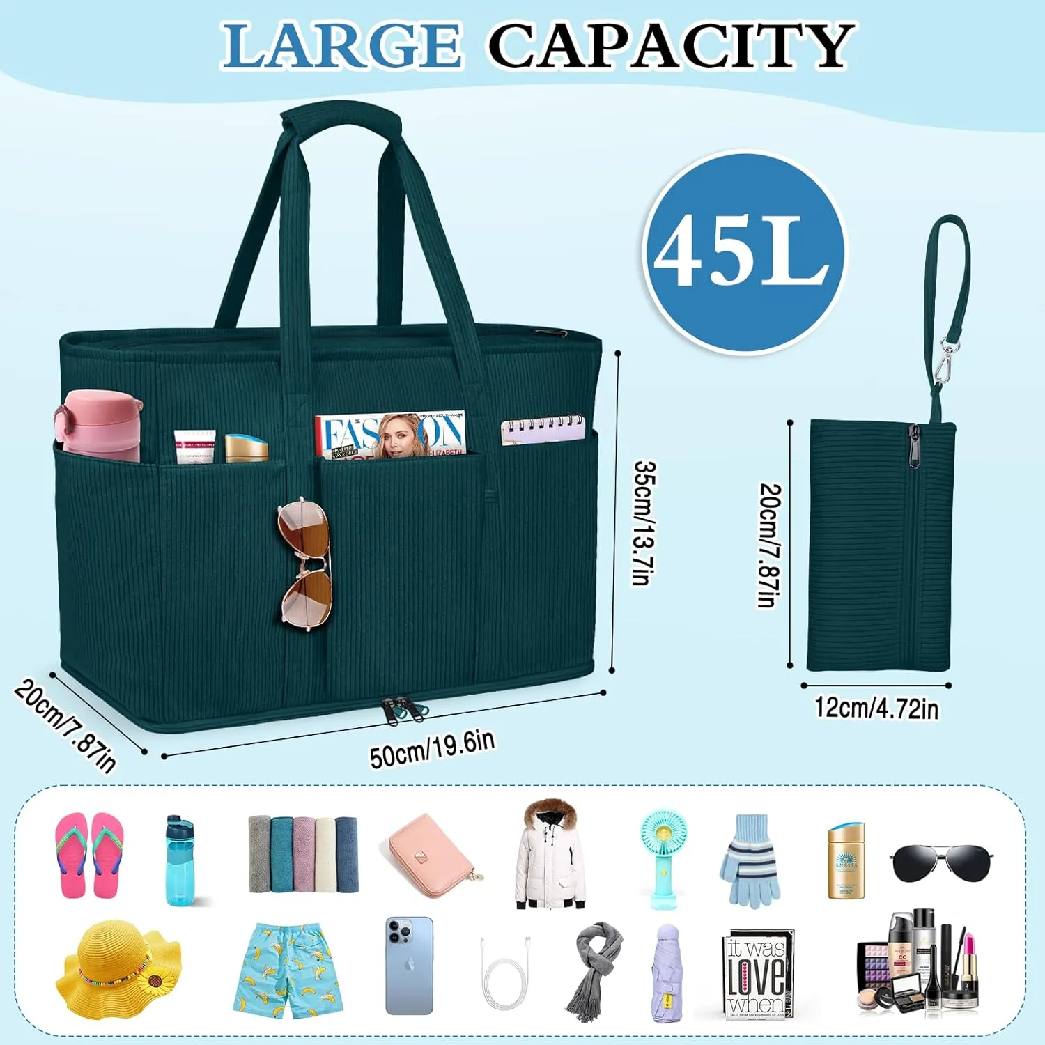 Large Beach Bag with Zipper, 12 Pockets Waterproof Sandproof Pool Bag Womens Mesh Beach Tote Bag for Travel Vacation