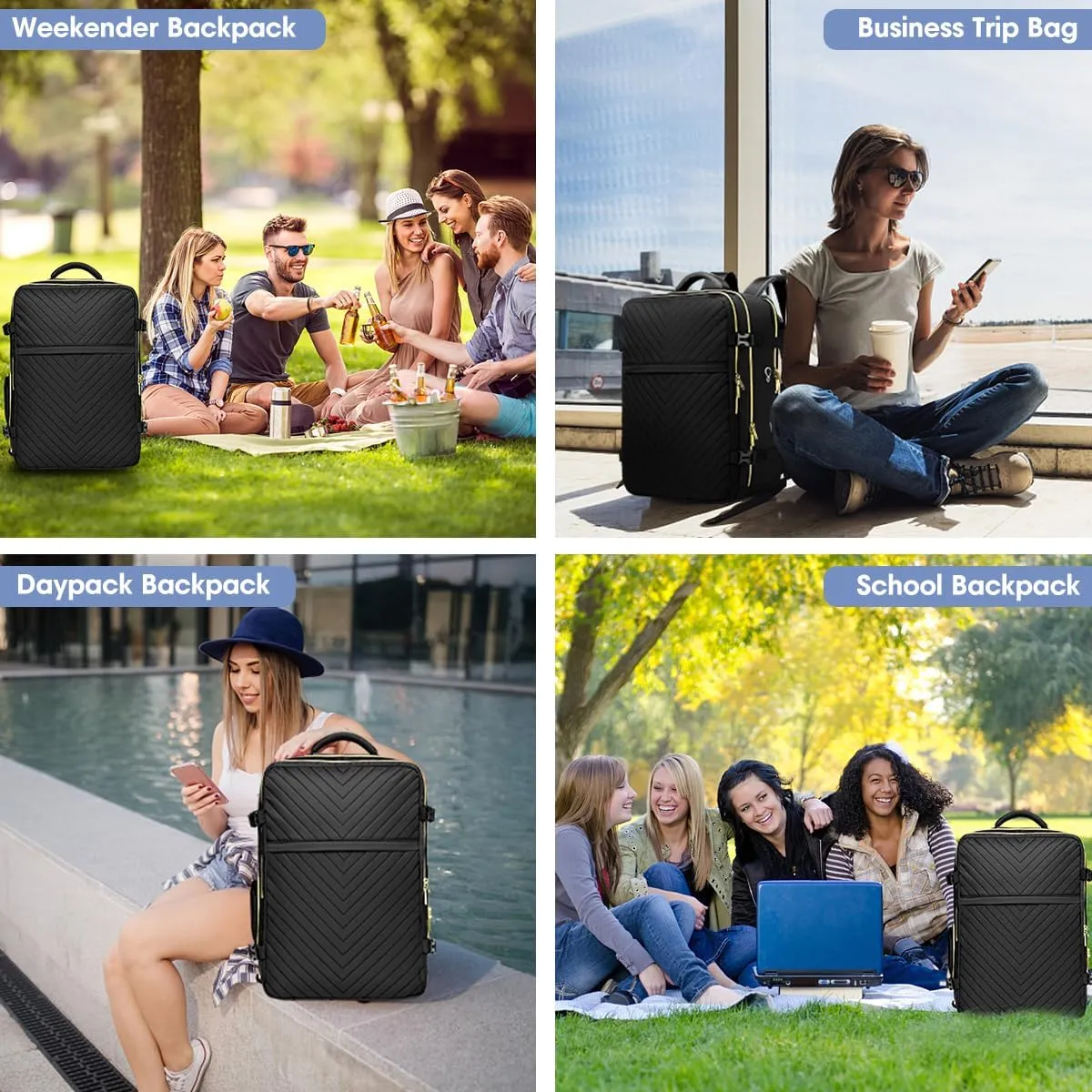 Large Carry On Travel Backpack - Flight Approved Waterproof Anti-Theft Luggage Daypack for Women Men 20 Inch Business Weekender Overnight Backpack College Bag Personal Item Size Black