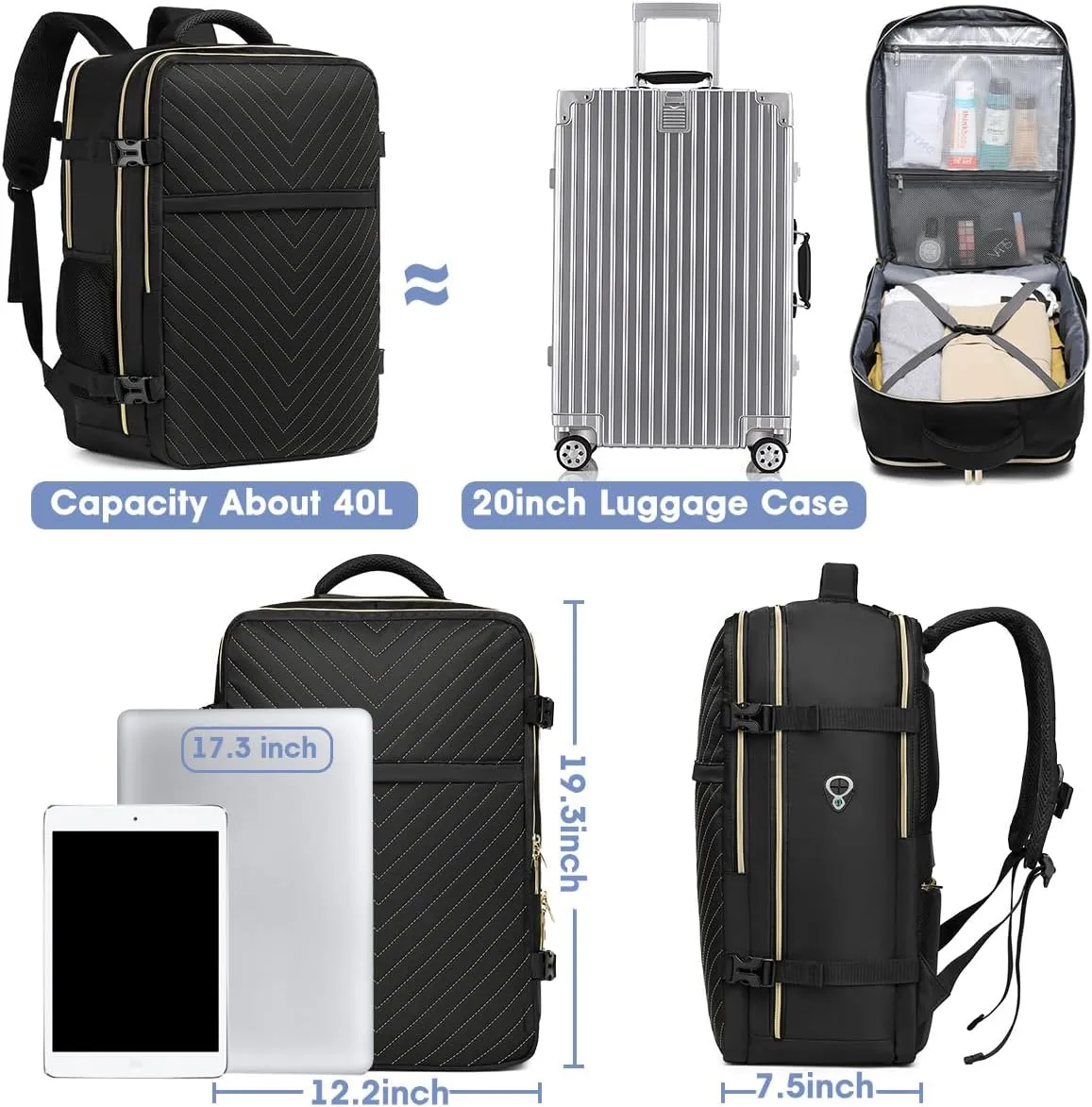 Large Carry On Travel Backpack - Flight Approved Waterproof Luggage Suitcase Backpacks Personal Item Size for Women Men Fit 17 Inch Laptop College Overnight Bag Anti-Theft Weekender Daypack Black Gold