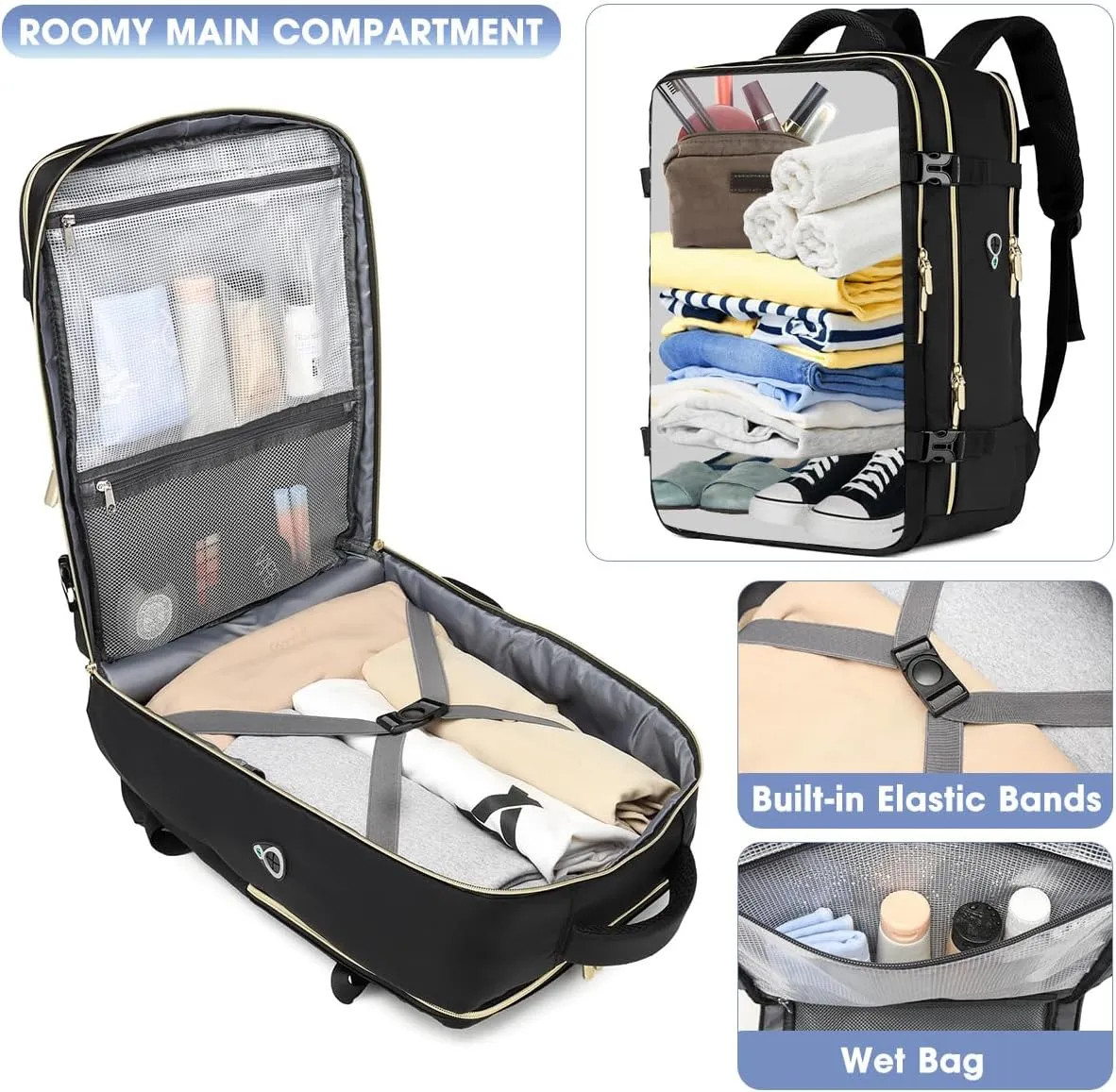 Large Carry On Travel Backpack - Flight Approved Waterproof Luggage Suitcase Backpacks Personal Item Size for Women Men Fit 17 Inch Laptop College Overnight Bag Anti-Theft Weekender Daypack Black Gold
