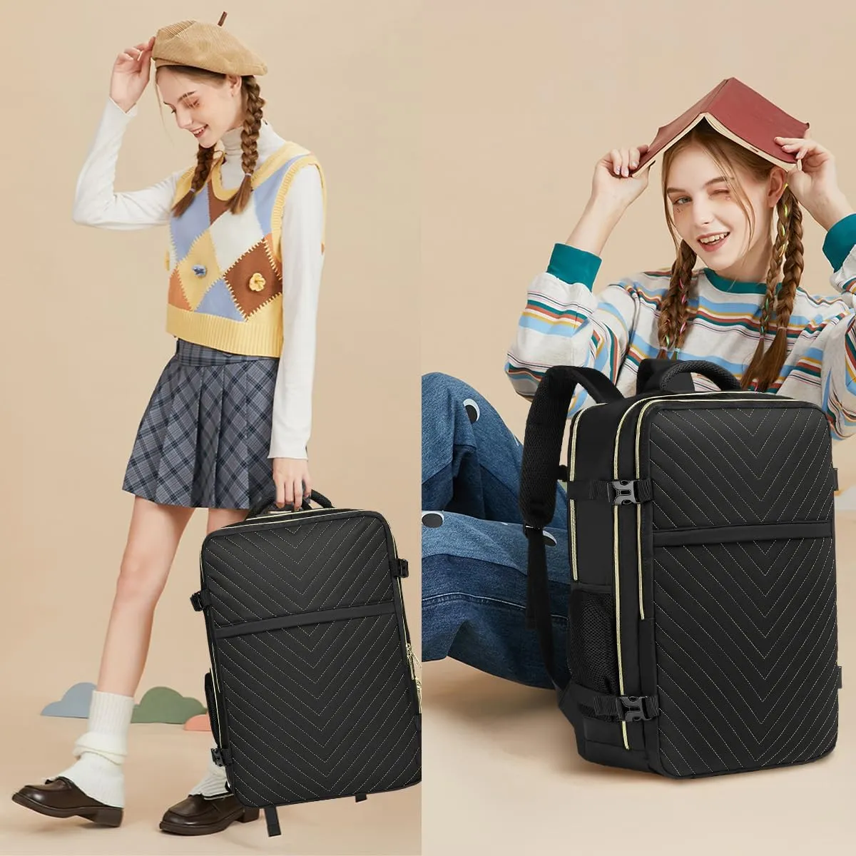 Large Carry On Travel Backpack - Flight Approved Waterproof Luggage Suitcase Backpacks Personal Item Size for Women Men Fit 17 Inch Laptop College Overnight Bag Anti-Theft Weekender Daypack Black Gold