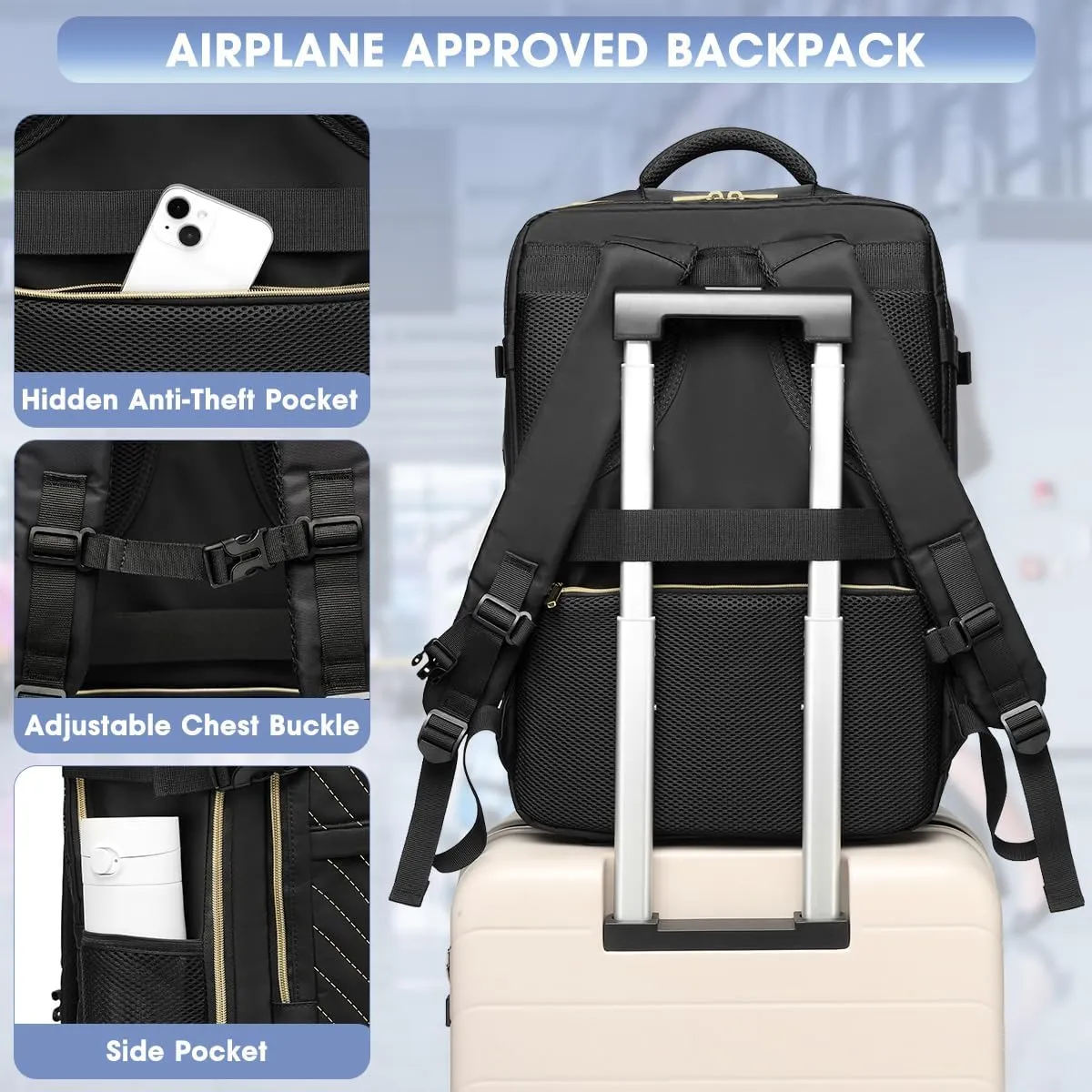 Large Carry On Travel Backpack - Flight Approved Waterproof Luggage Suitcase Backpacks Personal Item Size for Women Men Fit 17 Inch Laptop College Overnight Bag Anti-Theft Weekender Daypack Black Gold