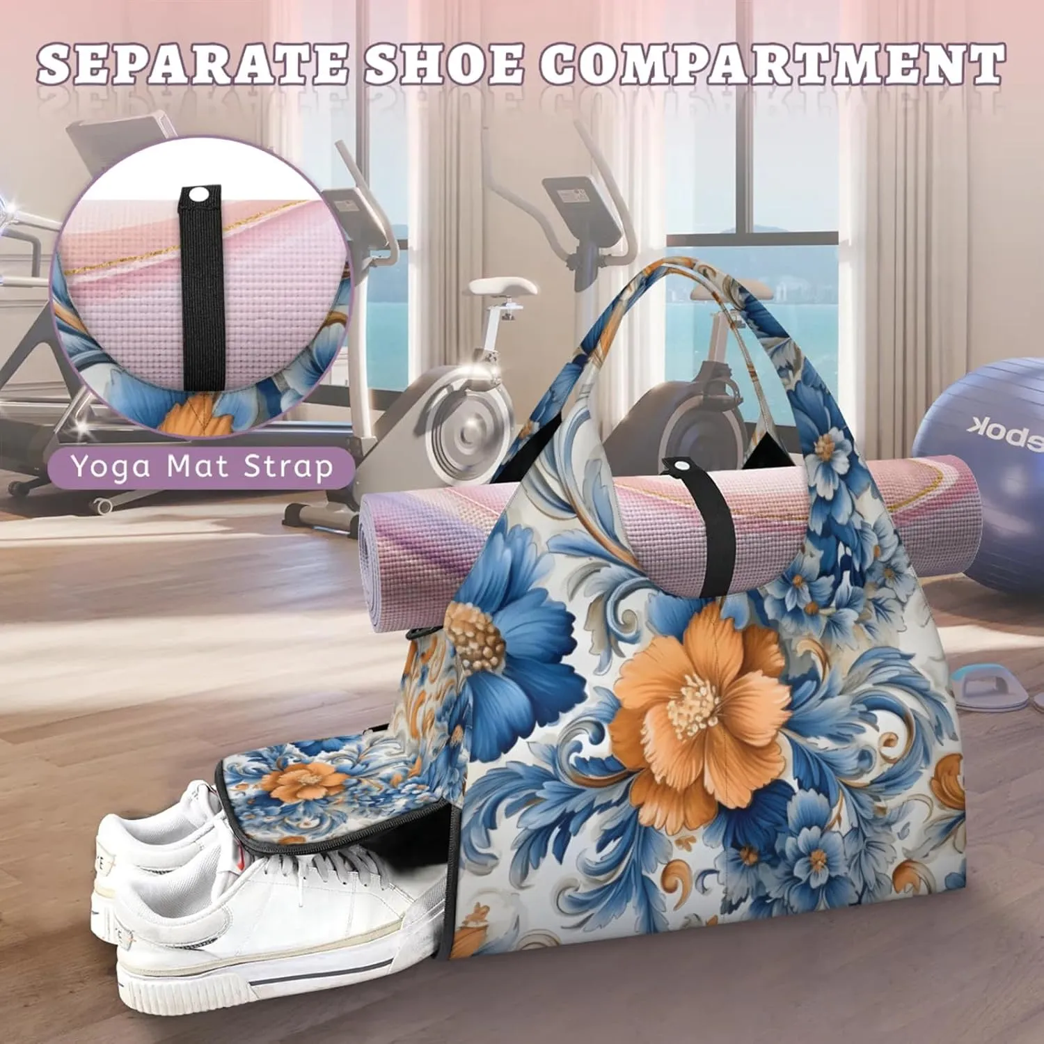 Large Flower Marble Gym Bag Yoga Mat Tote for Women with Shoes Compartment Lightweight Duffle Travel Carrier Wet Dry Storage Pockets Adjustable Pilates Mats Shoulder Bags for Sport Swim