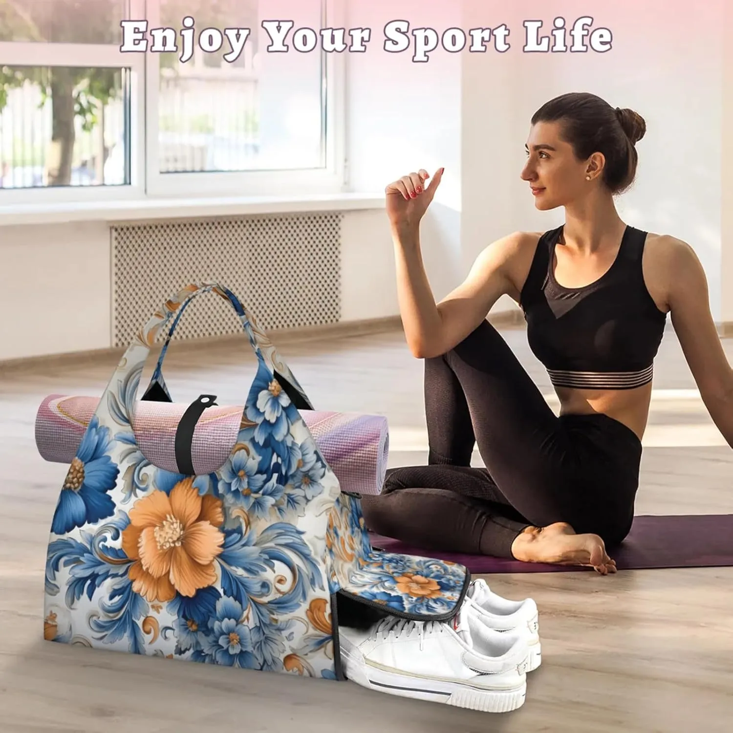 Large Flower Marble Gym Bag Yoga Mat Tote for Women with Shoes Compartment Lightweight Duffle Travel Carrier Wet Dry Storage Pockets Adjustable Pilates Mats Shoulder Bags for Sport Swim