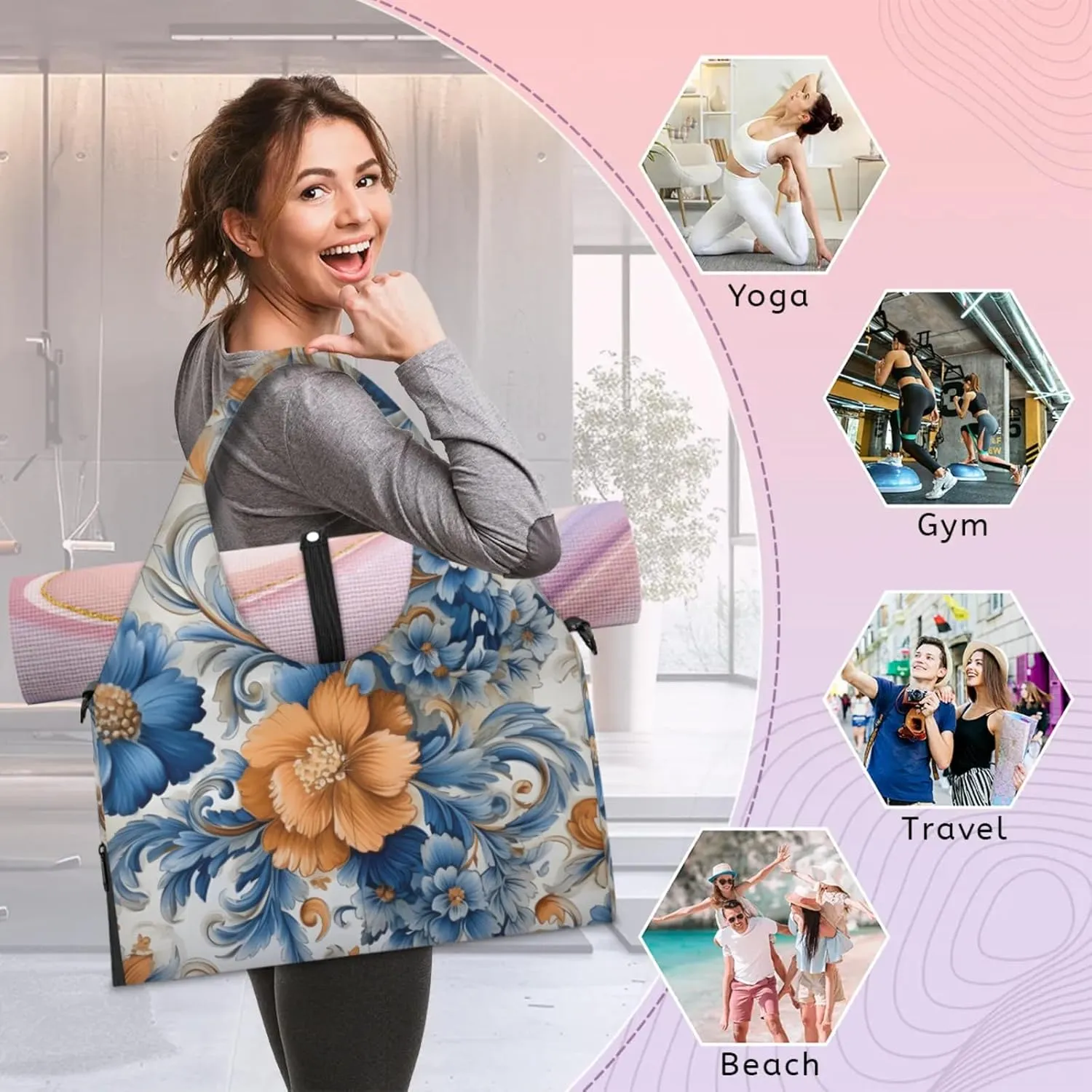 Large Flower Marble Gym Bag Yoga Mat Tote for Women with Shoes Compartment Lightweight Duffle Travel Carrier Wet Dry Storage Pockets Adjustable Pilates Mats Shoulder Bags for Sport Swim