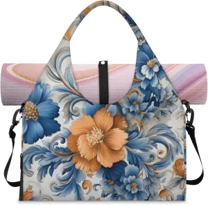 Large Flower Marble Gym Bag Yoga Mat Tote for Women with Shoes Compartment Lightweight Duffle Travel Carrier Wet Dry Storage Pockets Adjustable Pilates Mats Shoulder Bags for Sport Swim