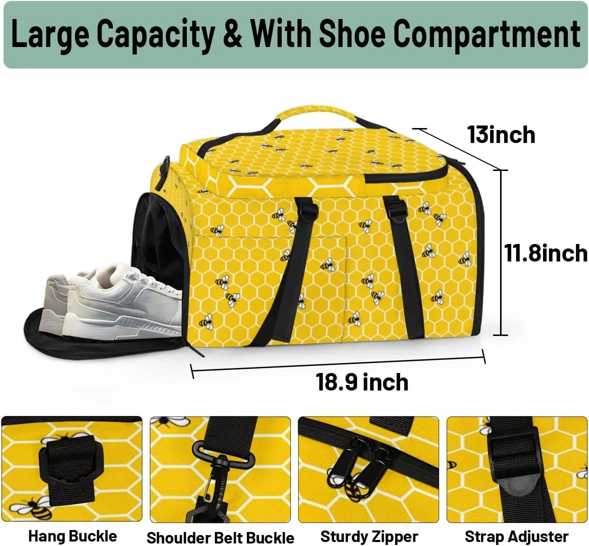 Large Sports Gym Bag With Shoe & Laptop Compartment 47L Waterproof Travel Duffel Bags for Men Women Cute Bee Luggage Backpack Duffle Bag
