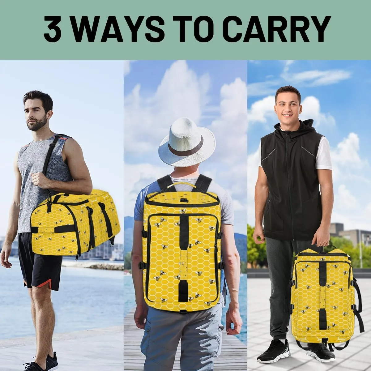 Large Sports Gym Bag With Shoe & Laptop Compartment 47L Waterproof Travel Duffel Bags for Men Women Cute Bee Luggage Backpack Duffle Bag