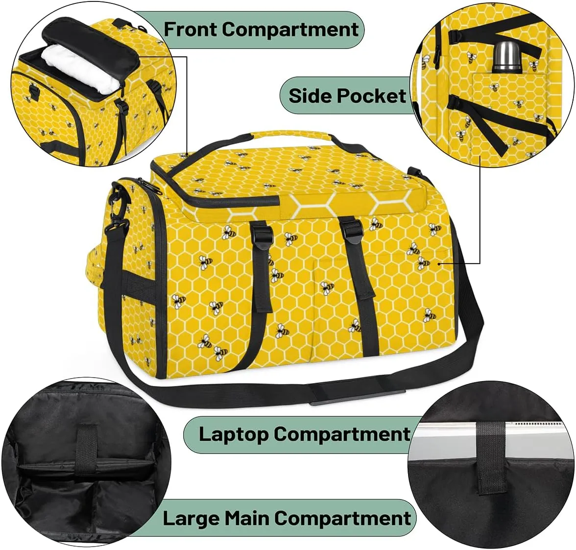 Large Sports Gym Bag With Shoe & Laptop Compartment 47L Waterproof Travel Duffel Bags for Men Women Cute Bee Luggage Backpack Duffle Bag