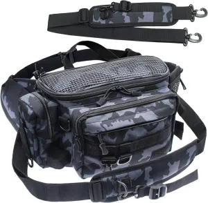 Large Waterproof Saltwater Fishing Gear Bag with Detachable Shoulder Strap for Hiking, Camping - Black and Grey