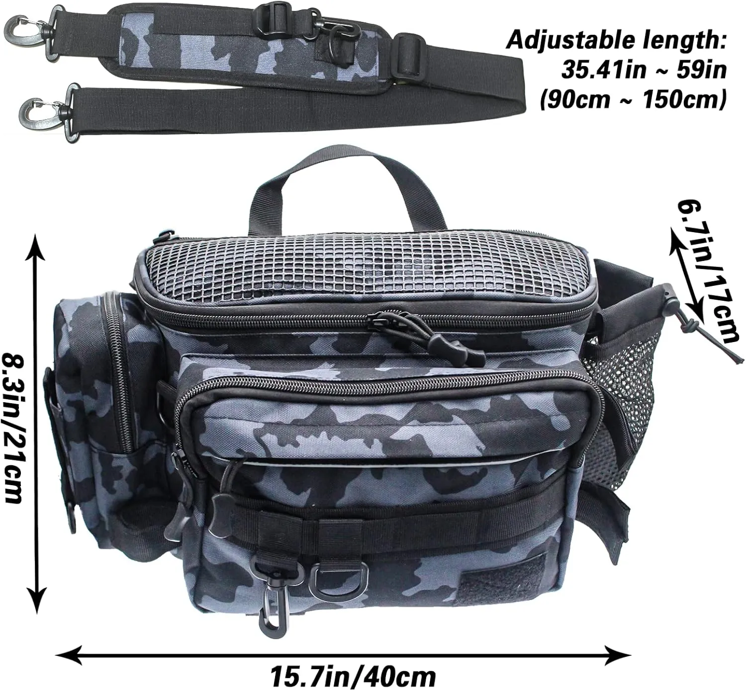 Large Waterproof Saltwater Fishing Gear Bag with Detachable Shoulder Strap for Hiking, Camping - Black and Grey