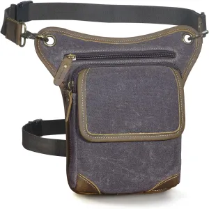 Le'aokuu Mens Canvas And Genuine Leather Waterproof Motorcycle Waist Pack Messenger Shoulder Drop Leg Bag 211-1 (Grey)