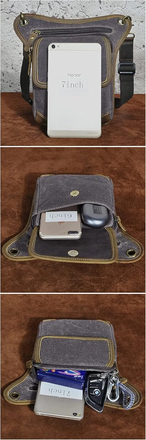 Le'aokuu Mens Canvas And Genuine Leather Waterproof Motorcycle Waist Pack Messenger Shoulder Drop Leg Bag 211-1 (Grey)