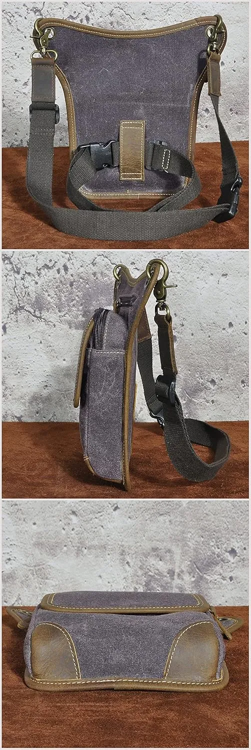 Le'aokuu Mens Canvas And Genuine Leather Waterproof Motorcycle Waist Pack Messenger Shoulder Drop Leg Bag 211-1 (Grey)