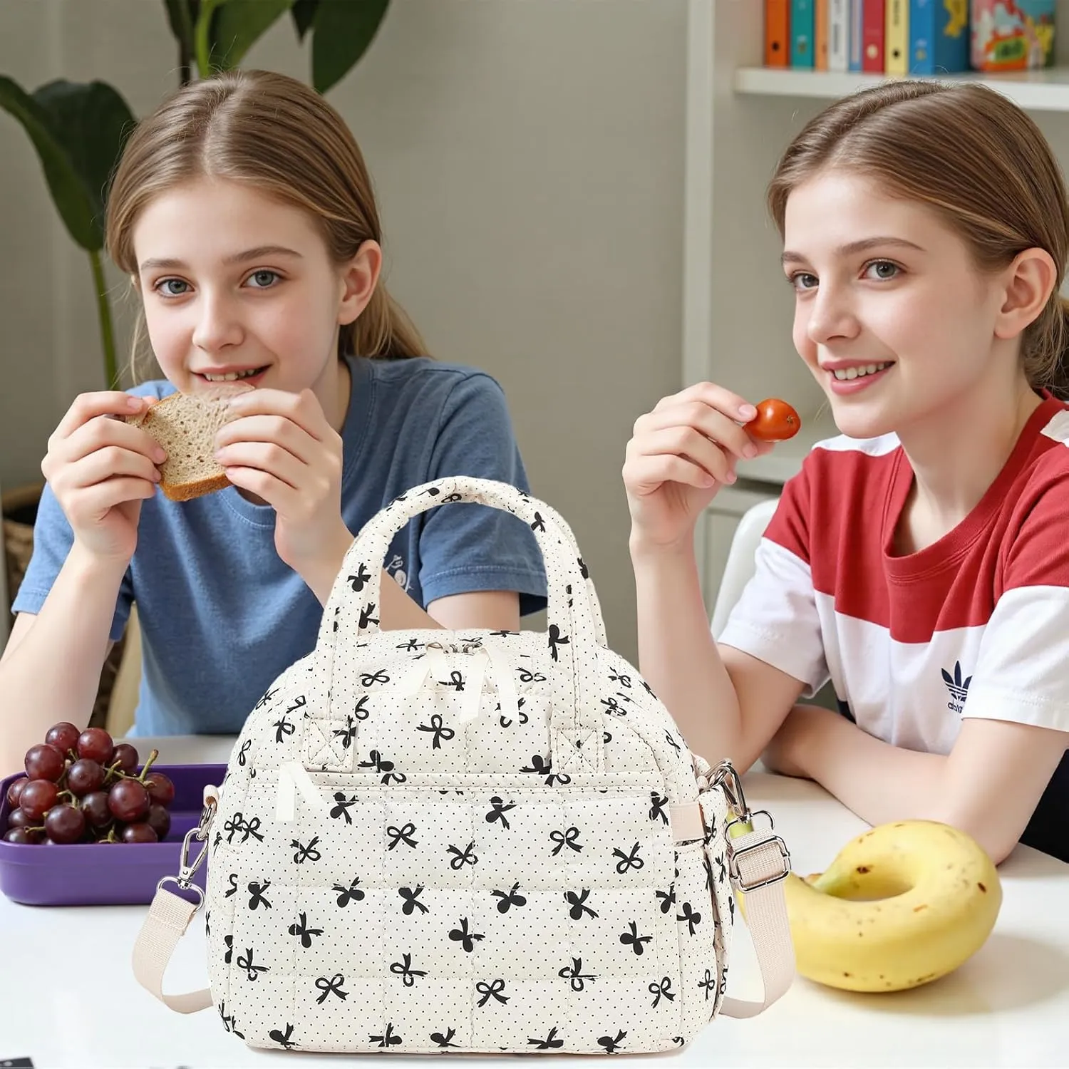 LEDAOU Lunch Box for Women Lunch bag Quilted Puffer Lunch Box with adjustable strap Insulated Reusable LunchBox for Work School Picnic Travel (Black Bow - White)