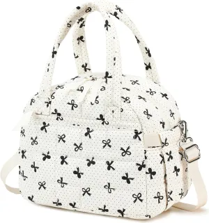 LEDAOU Lunch Box for Women Lunch bag Quilted Puffer Lunch Box with adjustable strap Insulated Reusable LunchBox for Work School Picnic Travel (Black Bow - White)