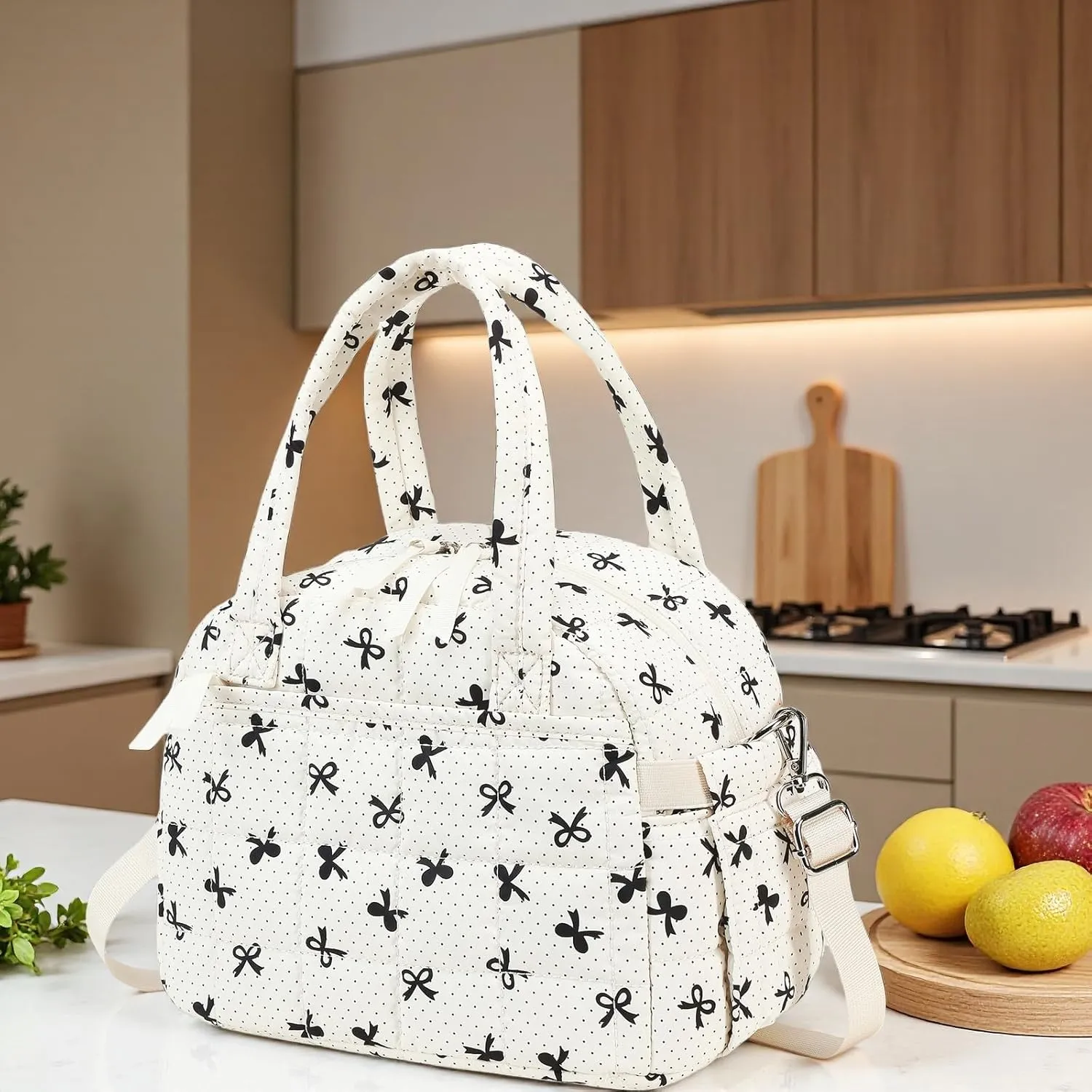 LEDAOU Lunch Box for Women Lunch bag Quilted Puffer Lunch Box with adjustable strap Insulated Reusable LunchBox for Work School Picnic Travel (Black Bow - White)